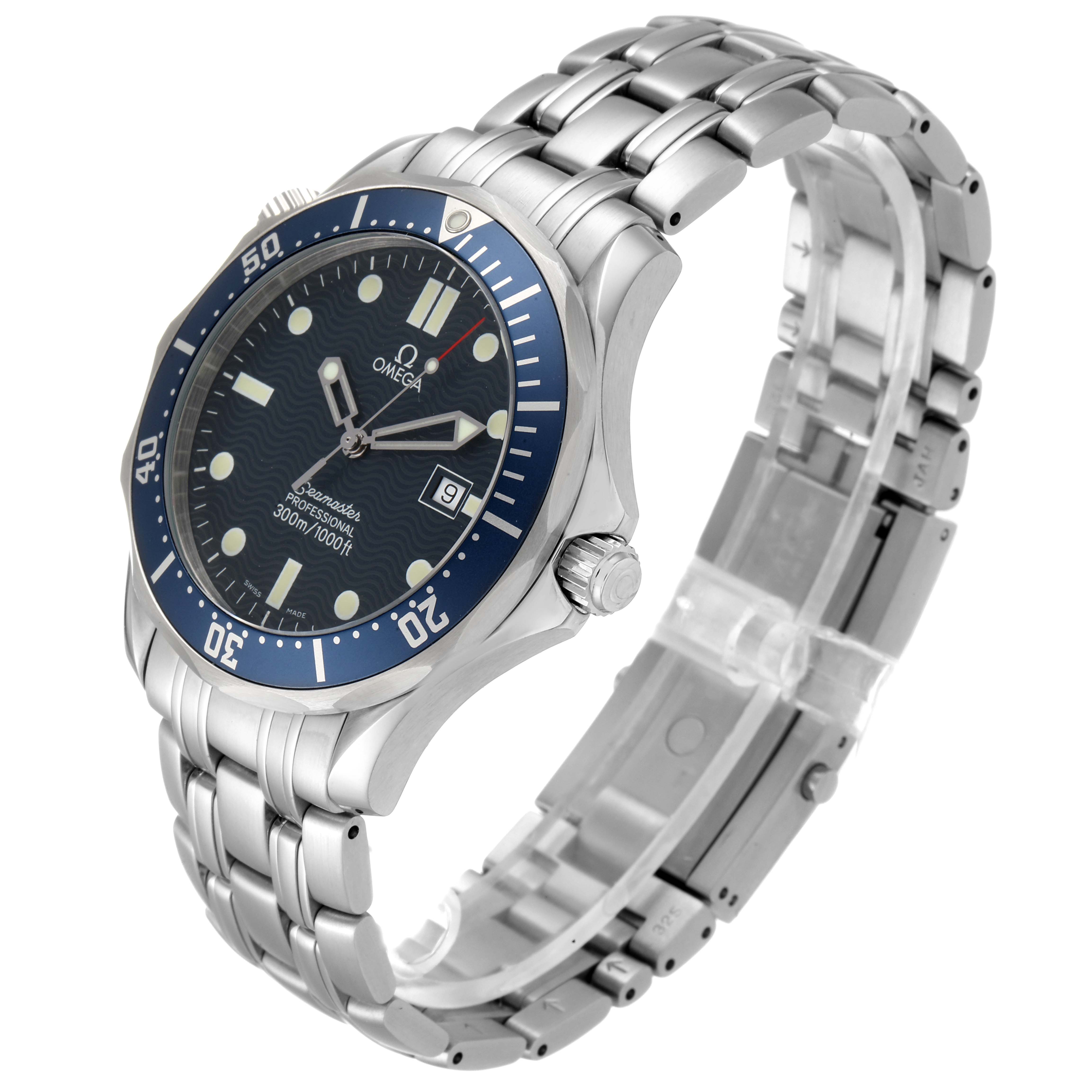The image shows a side angle of an Omega Seamaster 2541.80.00 Men
s Stainless Steel Blue Dial 2541.80.00 Men
s Stainless Steel Blue Dial watch, highlighting the dial, bezel, crown, and stainless steel bracelet.