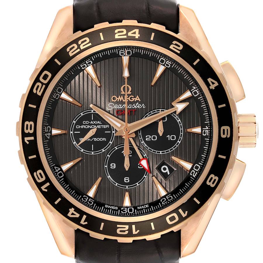 The Omega Aqua Terra watch is shown from the front, highlighting the dial, bezel, and crown.