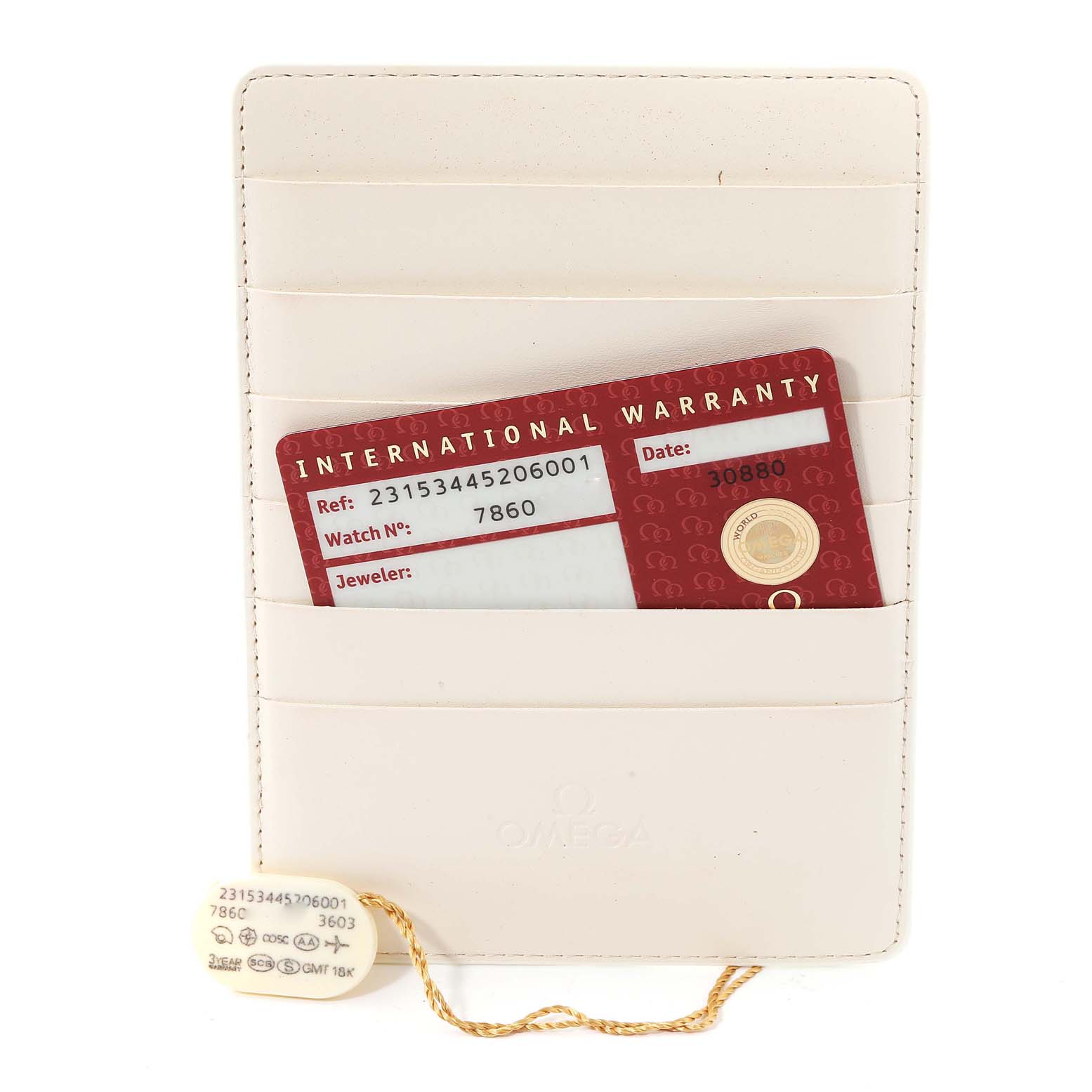 The image shows an Omega Aqua Terra 231.53.44.52.06.001 Men's Rose Gold Grey Dial 231.53.44.52.06.001 Men's Rose Gold Grey Dial model's international warranty card, cardholder, and tag with the watch details.