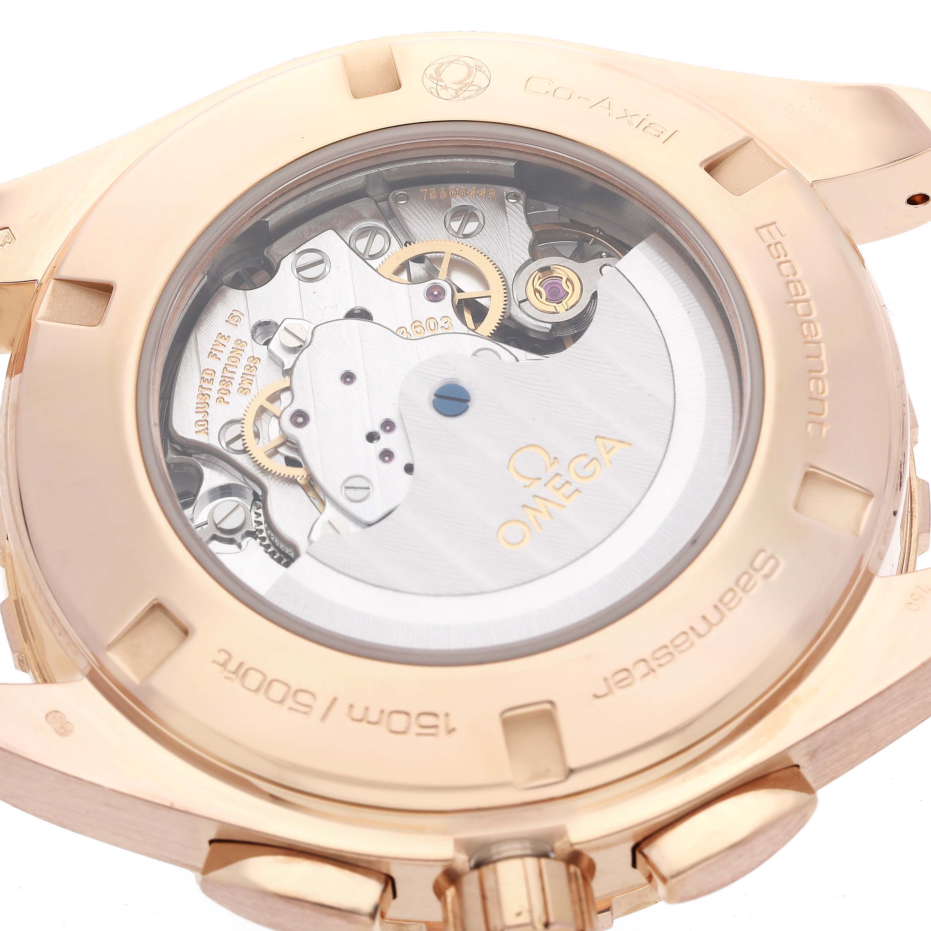 The image shows the back view of the Omega Aqua Terra 231.53.44.52.06.001 Men's Rose Gold Grey Dial 231.53.44.52.06.001 Men's Rose Gold Grey Dial watch, highlighting its movement and transparent case back.