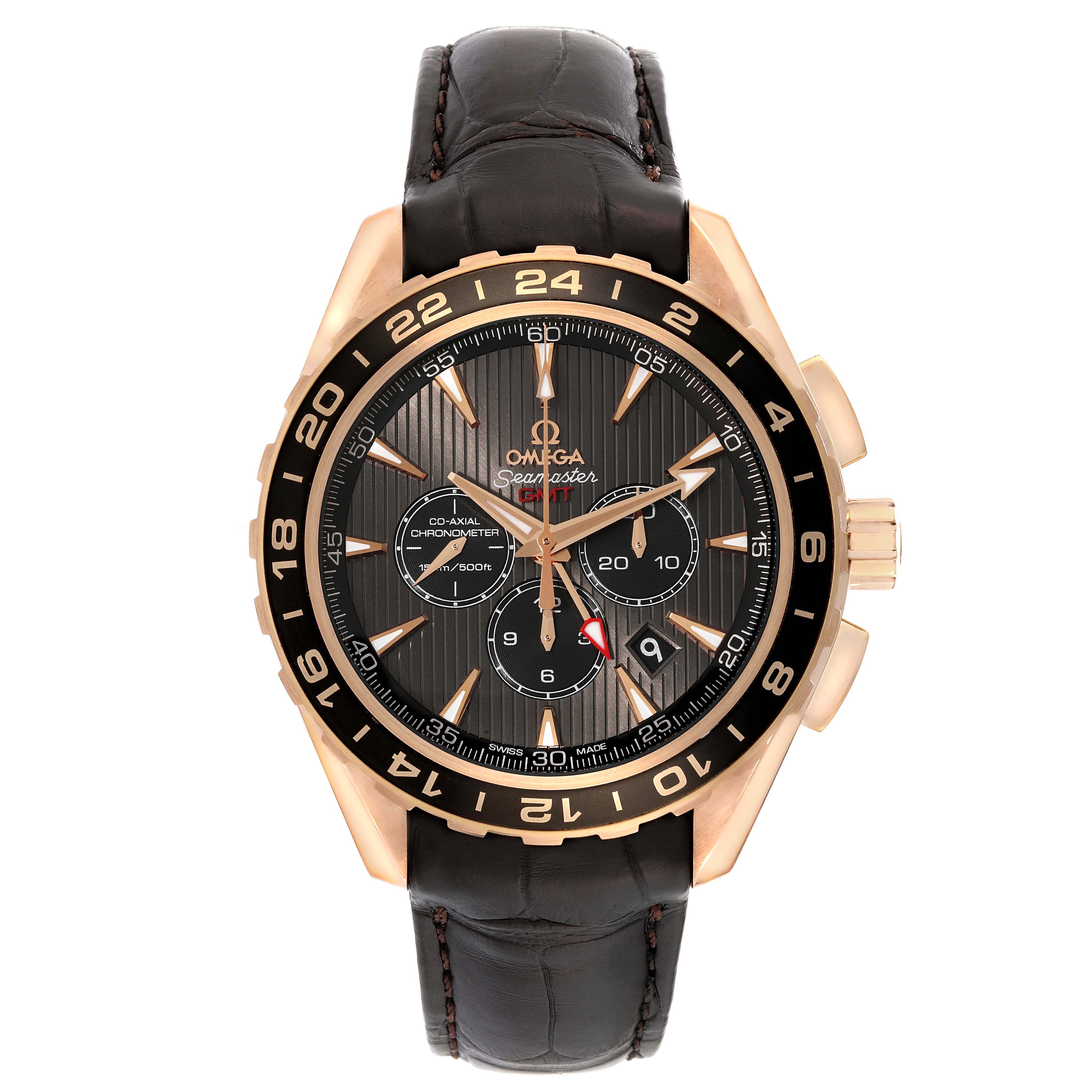 The Omega Aqua Terra 231.53.44.52.06.001 Men's Rose Gold Grey Dial 231.53.44.52.06.001 Men's Rose Gold Grey Dial watch is shown from a front angle, displaying the face, bezel, and leather strap.