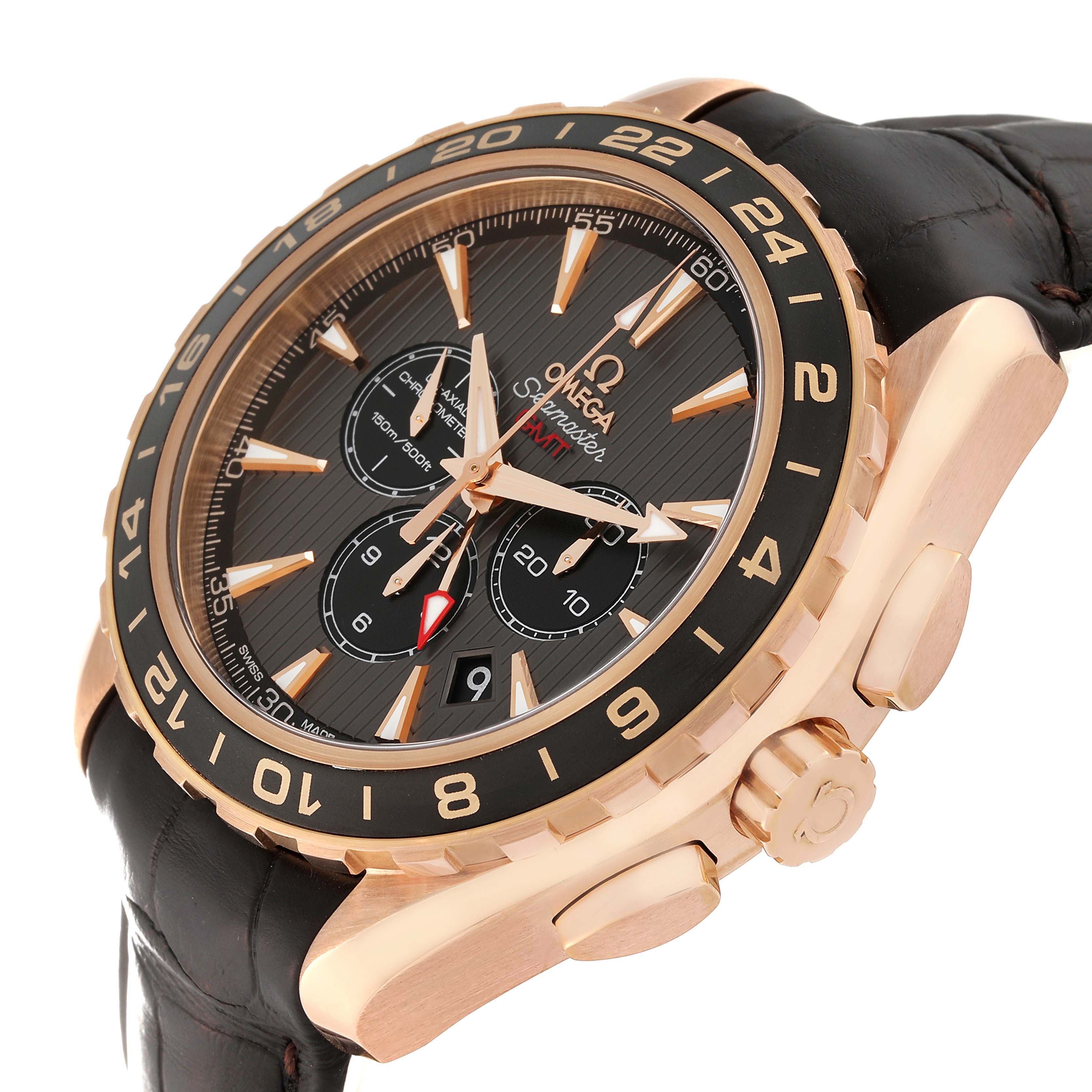 The Omega Aqua Terra 231.53.44.52.06.001 Men's Rose Gold Grey Dial 231.53.44.52.06.001 Men's Rose Gold Grey Dial watch is shown at an angled view, highlighting the crown, bezel, and sub-dials.