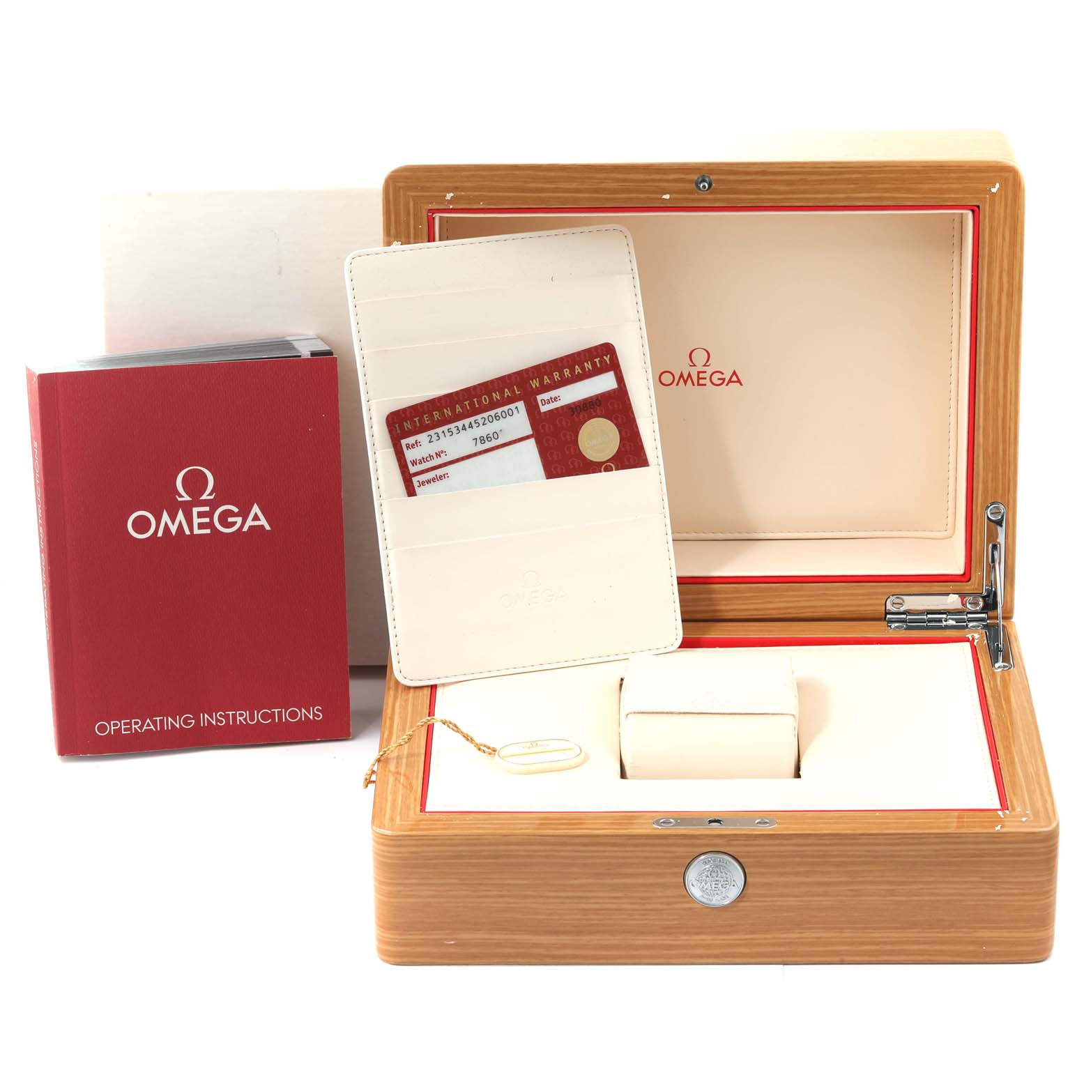 The image shows the box, warranty card, and operating instructions for an Omega Aqua Terra 231.53.44.52.06.001 Men's Rose Gold Grey Dial 231.53.44.52.06.001 Men's Rose Gold Grey Dial watch.