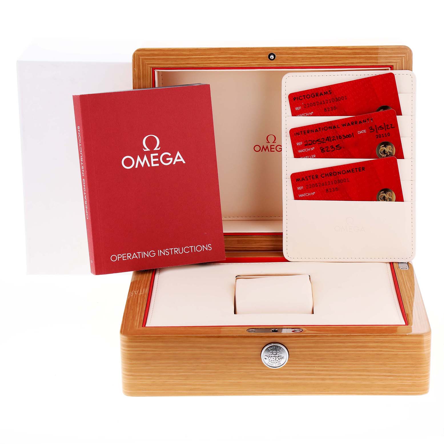 The image shows an Omega Aqua Terra 220.52.41.21.03.001 Men's Rose Gold Blue Dial 220.52.41.21.03.001 Men's Rose Gold Blue Dial watch box, instruction manual, and warranty cards from a front angle.