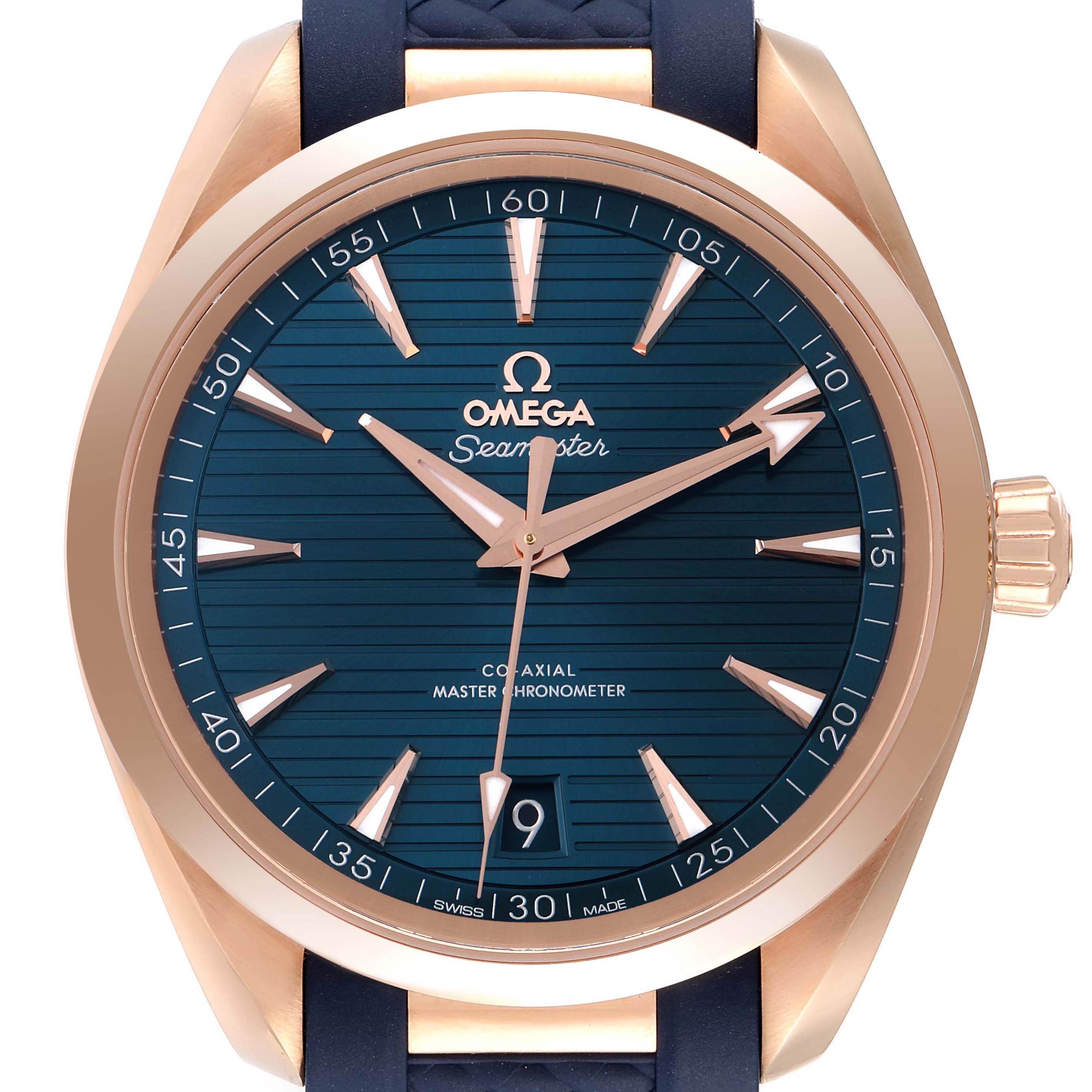 The image shows a front view of the Omega Aqua Terra 220.52.41.21.03.001 Men's Rose Gold Blue Dial 220.52.41.21.03.001 Men's Rose Gold Blue Dial watch, highlighting its blue dial, rose gold hands and markers, and crown.