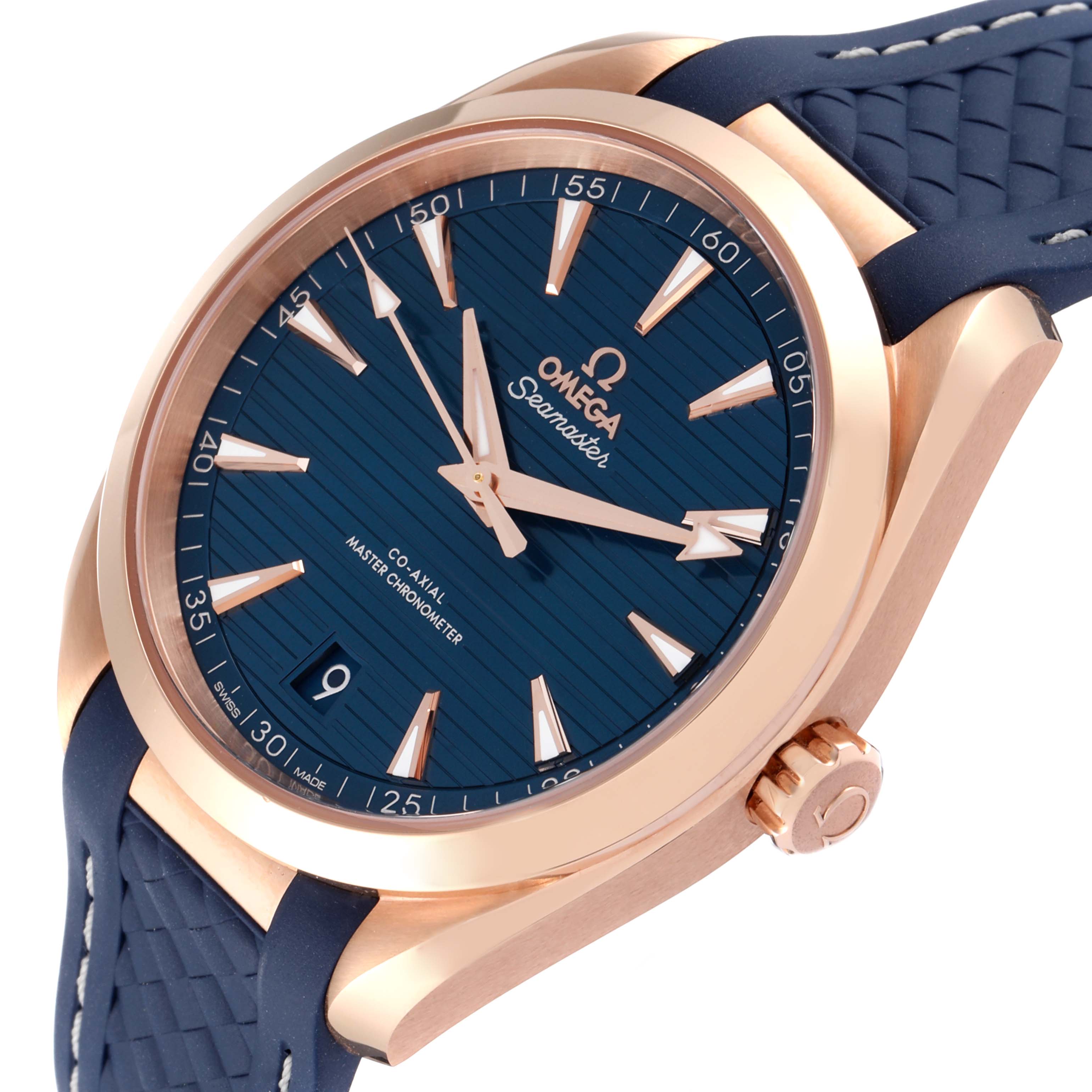 This Omega Aqua Terra 220.52.41.21.03.001 Men's Rose Gold Blue Dial 220.52.41.21.03.001 Men's Rose Gold Blue Dial watch is shown from an angled front view, highlighting the dial, crown, and strap.