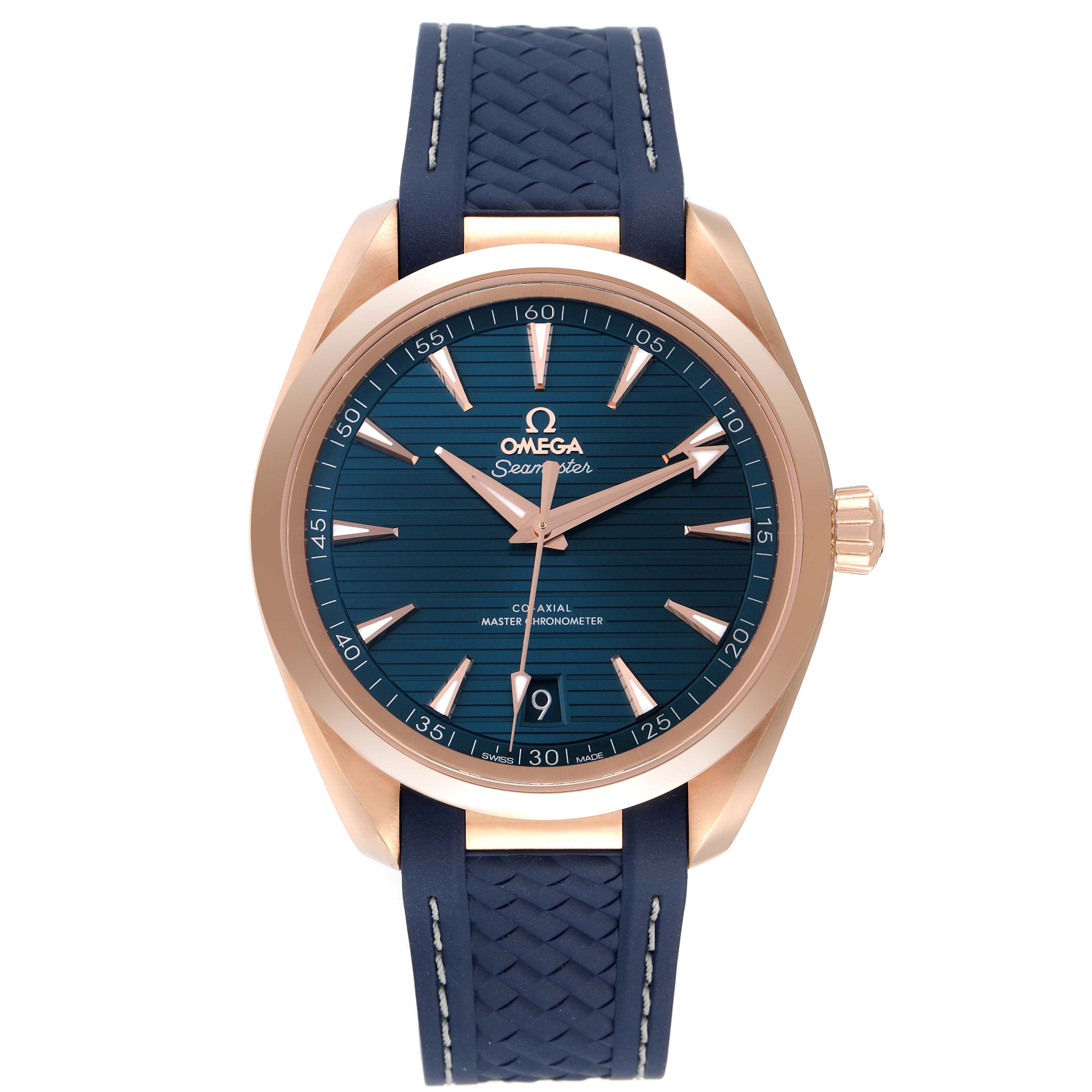 The image shows a front view of the Aqua Terra model by Omega, featuring the watch face, bezel, crown, and strap.