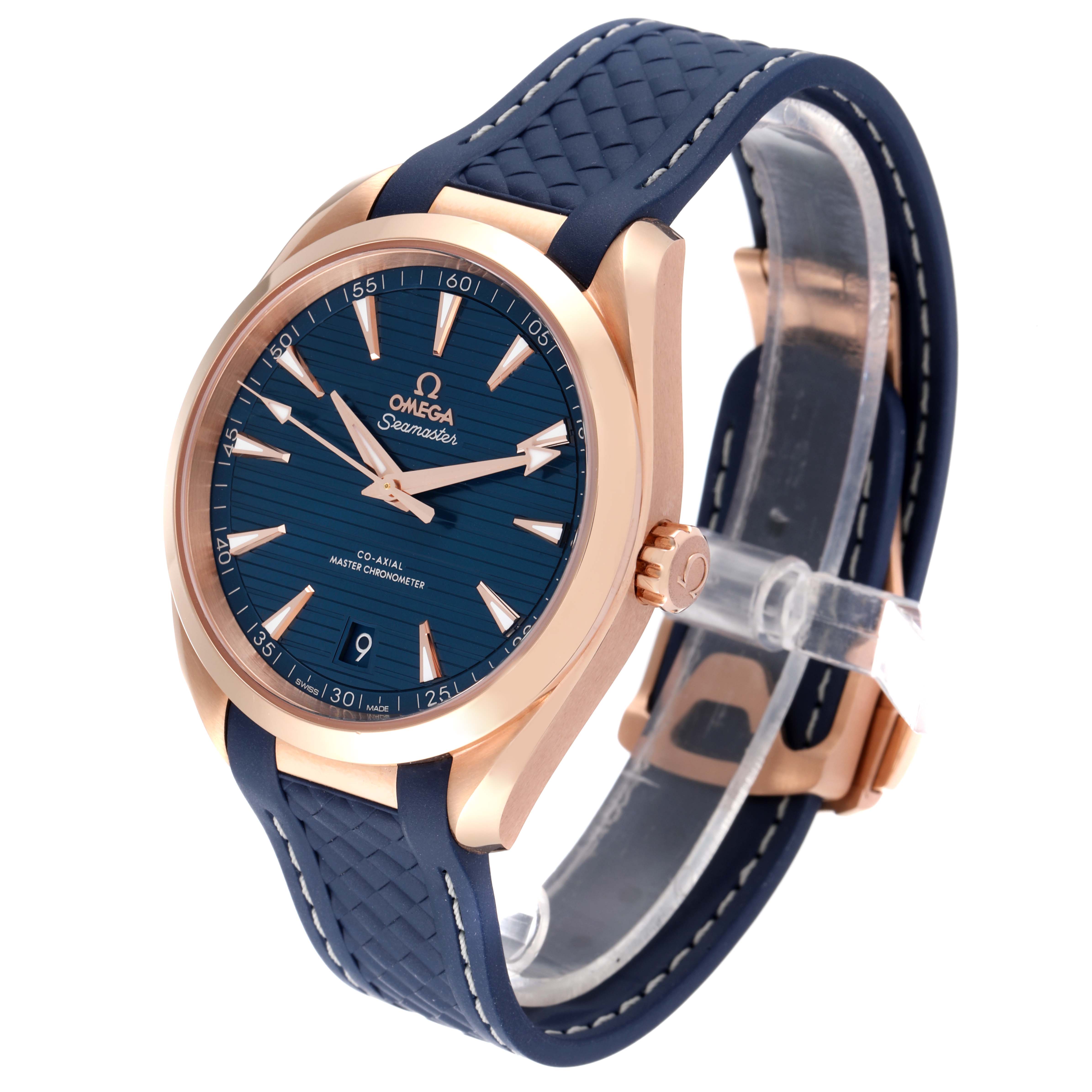 This Omega Aqua Terra 220.52.41.21.03.001 Men's Rose Gold Blue Dial 220.52.41.21.03.001 Men's Rose Gold Blue Dial watch is shown at a slight angle, highlighting the face, crown, strap, and buckle.