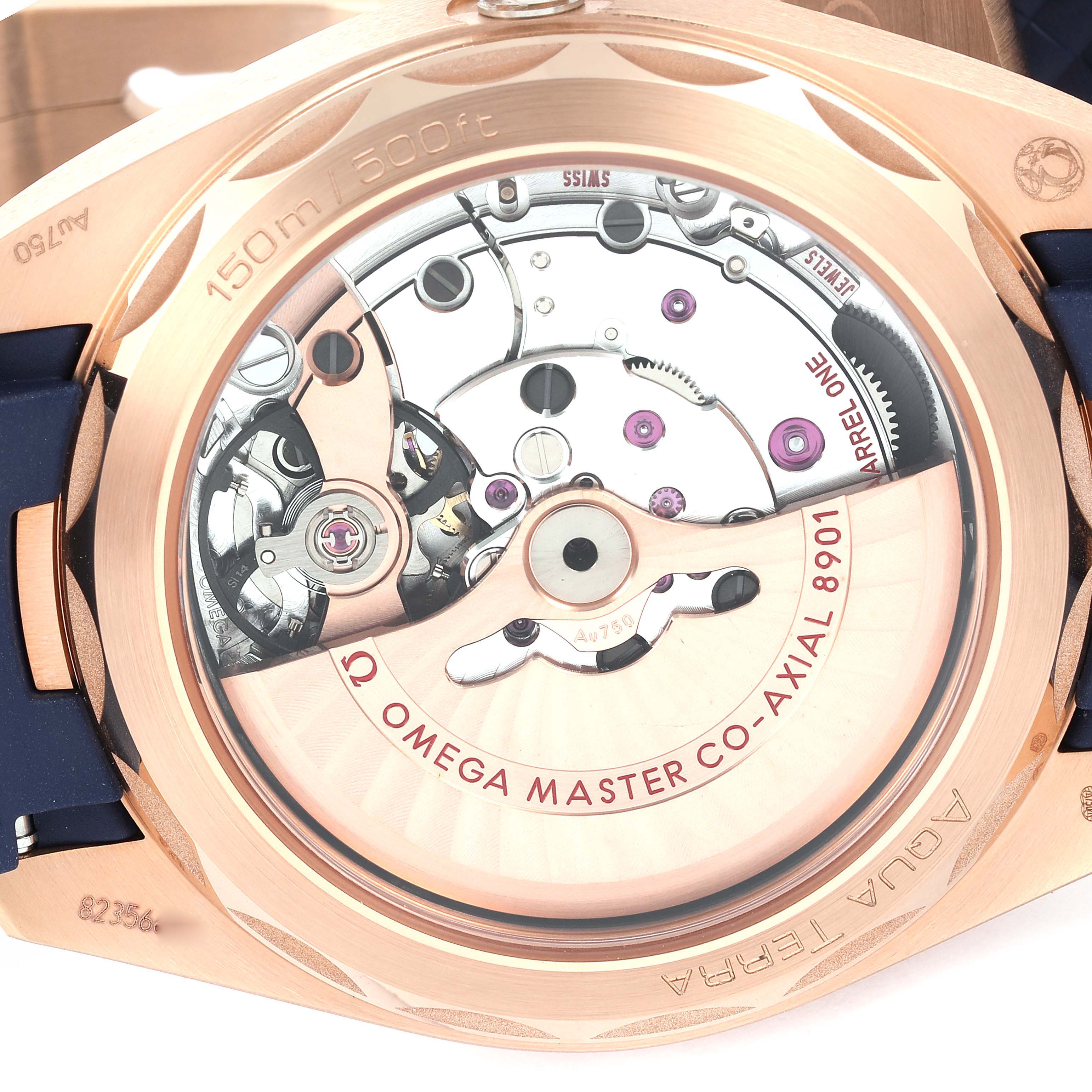 The image shows the back view of an Omega Aqua Terra 220.52.41.21.03.001 Men's Rose Gold Blue Dial 220.52.41.21.03.001 Men's Rose Gold Blue Dial watch, revealing the exposed movement and mechanism details.