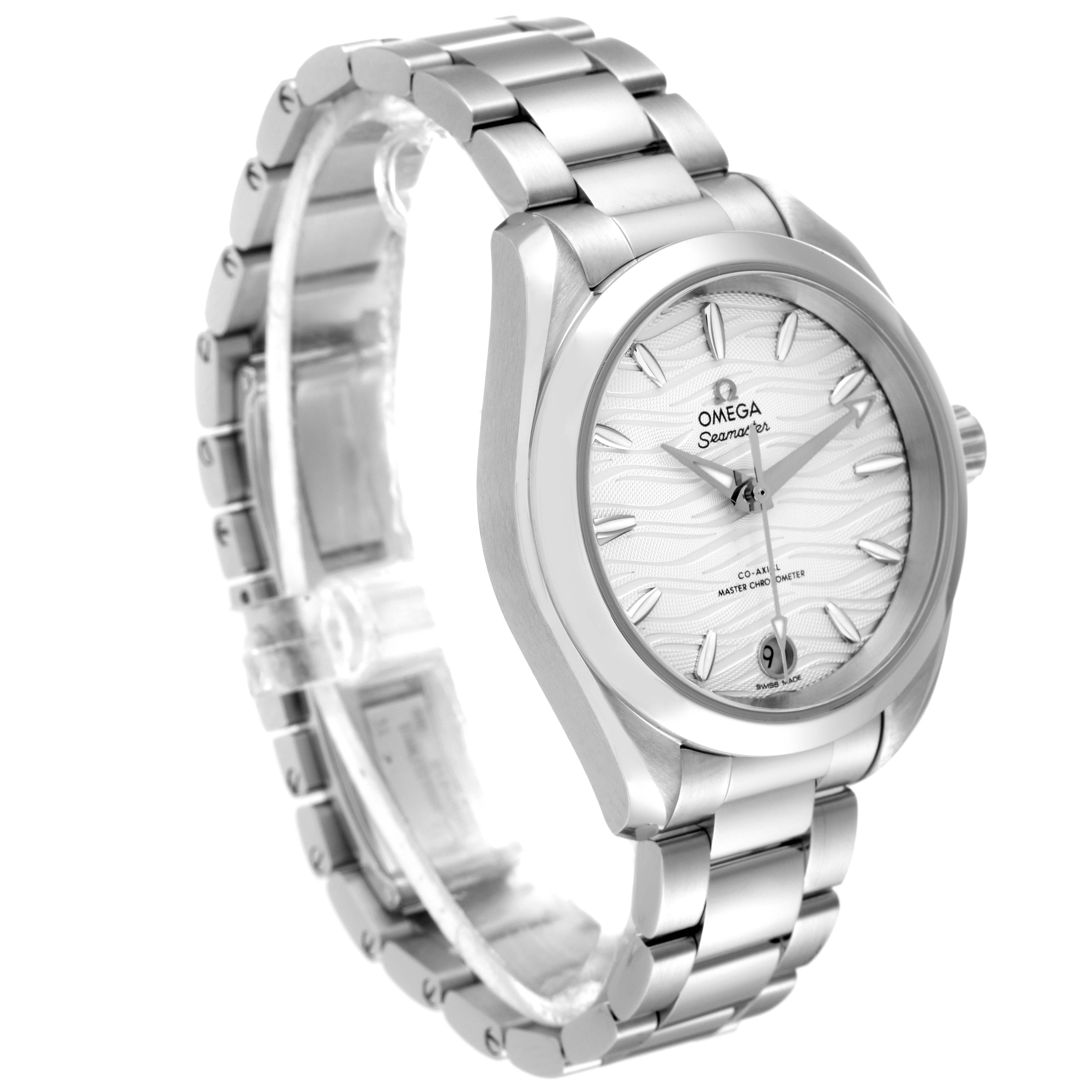 The photo shows an angled view of the Omega 220.10.34.20.02.002 Women
s Stainless Steel Silver Dial 220.10.34.20.02.002 Women
s Stainless Steel Silver Dial Seamaster Aqua Terra Steel Ladies Watch model 220.10.34.20.02.002, highlighting its face and bracelet.