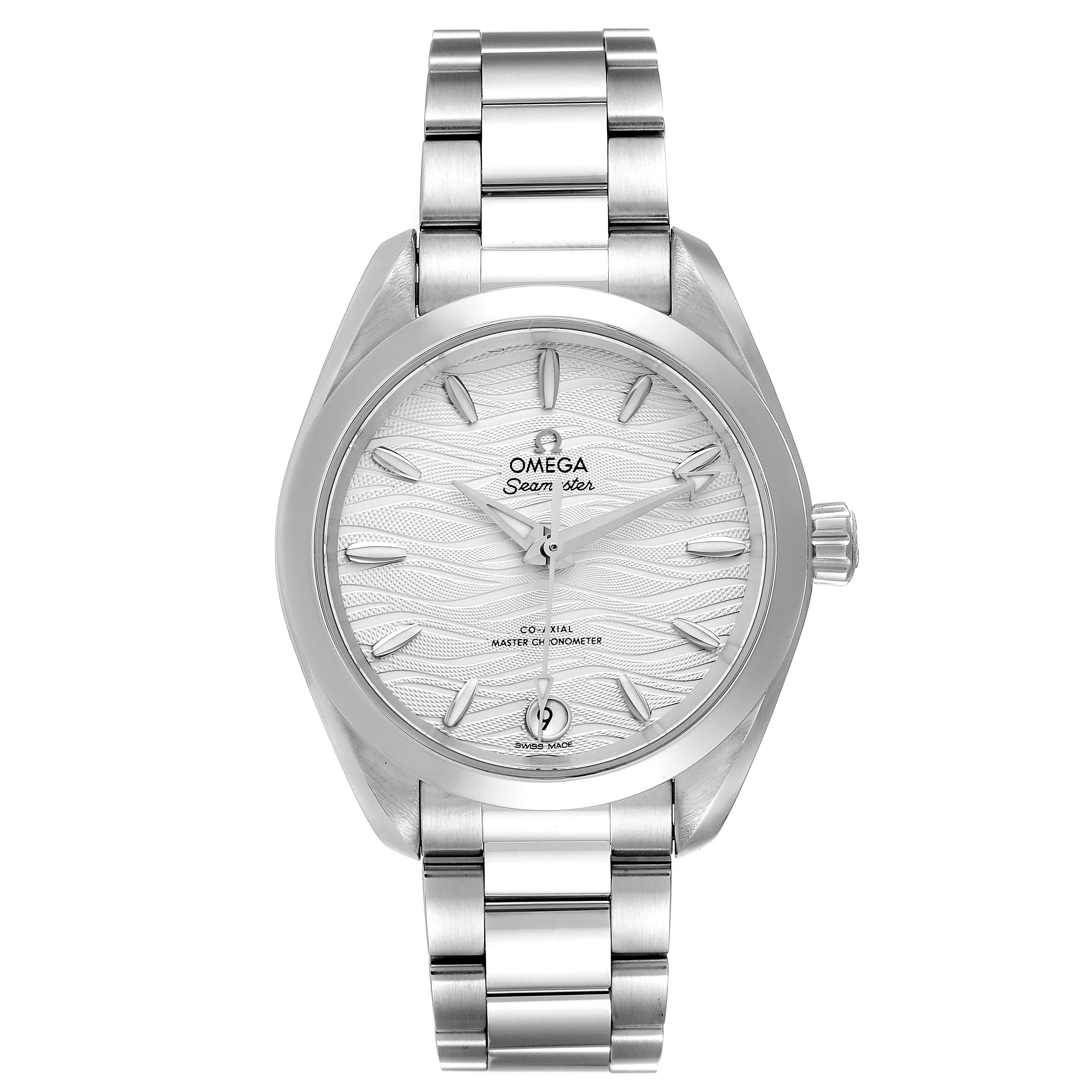This image shows a front view of the Omega 220.10.34.20.02.002 Women
s Stainless Steel Silver Dial 220.10.34.20.02.002 Women
s Stainless Steel Silver Dial Seamaster Aqua Terra Steel Ladies Watch 220.10.34.20.02.002, displaying its face and bracelet.