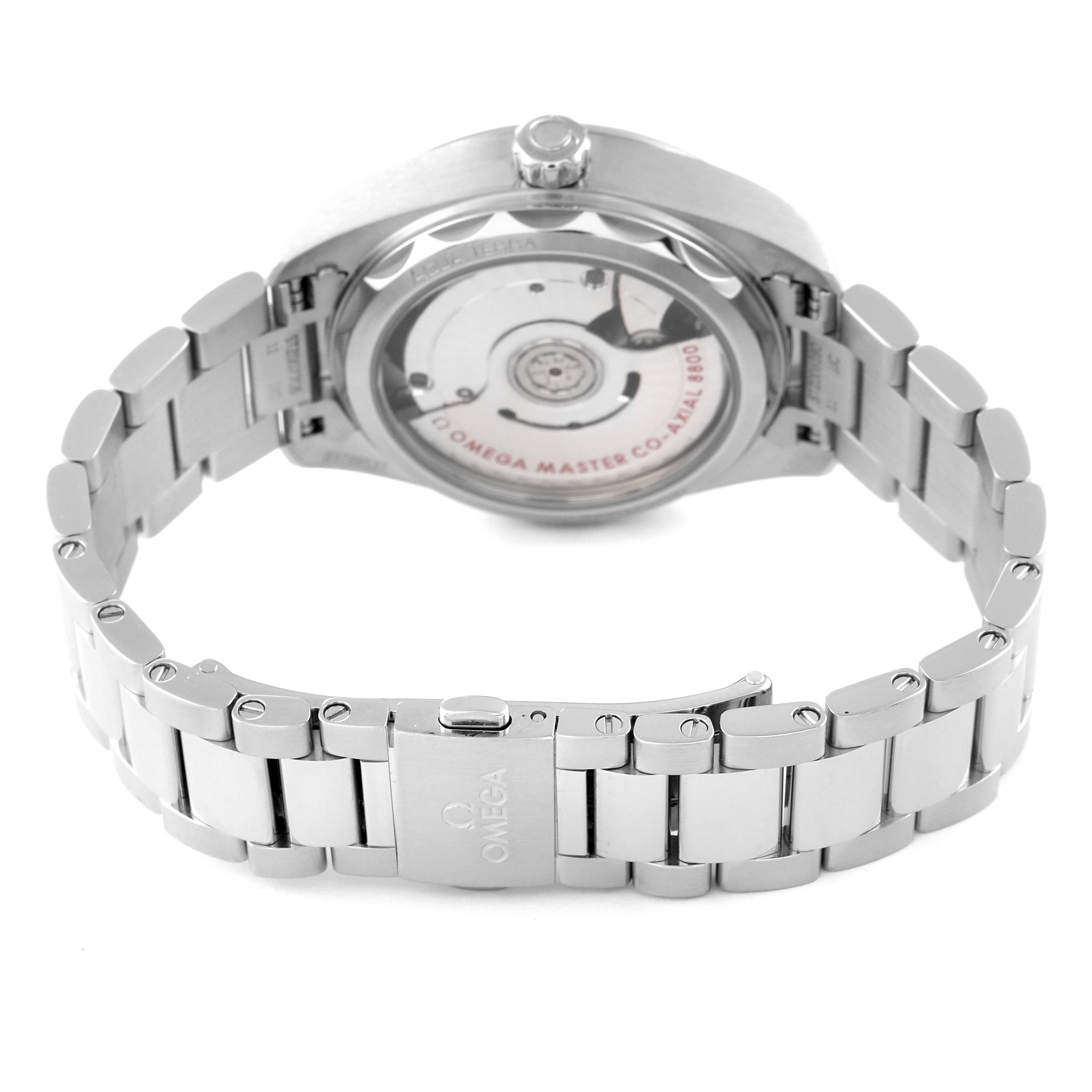 The image shows the back of the Omega 220.10.34.20.02.002 Women
s Stainless Steel Silver Dial 220.10.34.20.02.002 Women
s Stainless Steel Silver Dial Seamaster Aqua Terra Steel Ladies Watch 220.10.34.20.02.002, highlighting its open case back and bracelet.