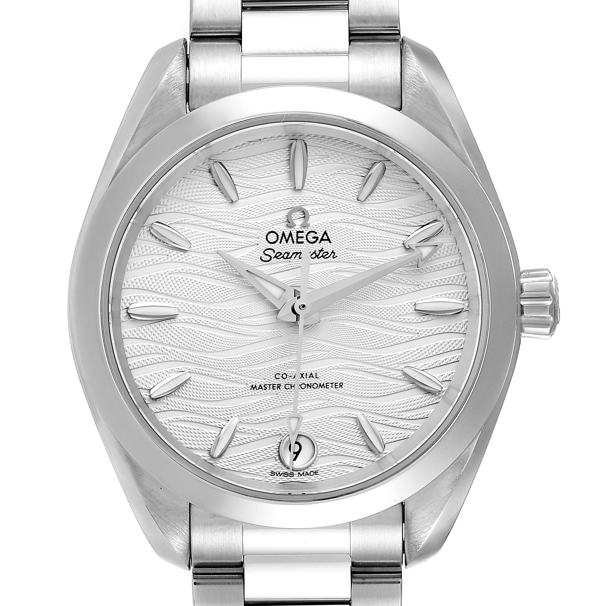 The image shows a front view of the Omega 220.10.34.20.02.002 Women
s Stainless Steel Silver Dial 220.10.34.20.02.002 Women
s Stainless Steel Silver Dial Seamaster Aqua Terra Steel Ladies Watch 220.10.34.20.02.002, highlighting the dial, bezel, and metal strap.