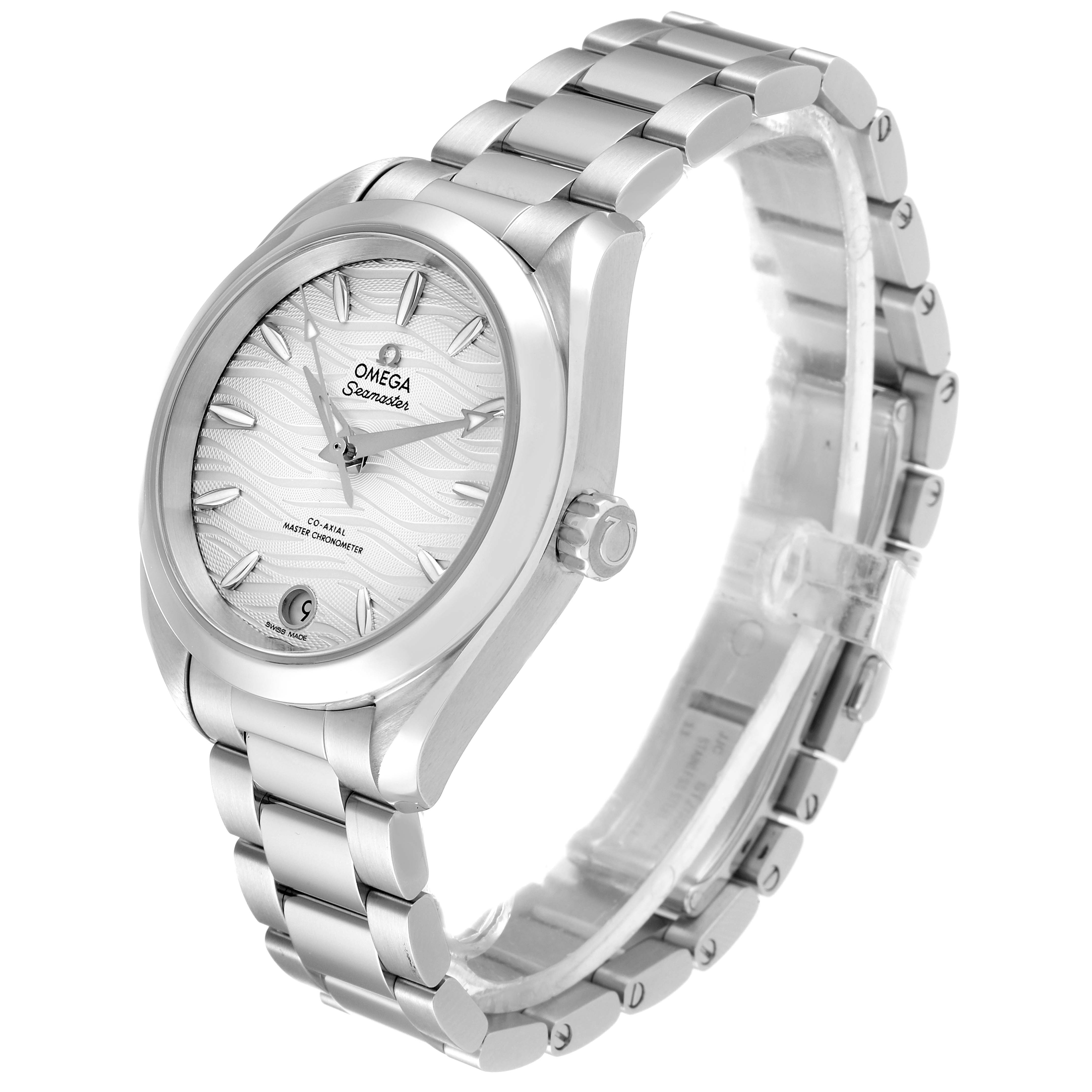 This watches shown at a 3/4 angle, featuring the face, bezel, crown, and bracelet of the Omega 220.10.34.20.02.002 Women
s Stainless Steel Silver Dial 220.10.34.20.02.002 Women
s Stainless Steel Silver Dial Seamaster Aqua Terra Steel Ladies Watch 220.10.34.20.02.002.