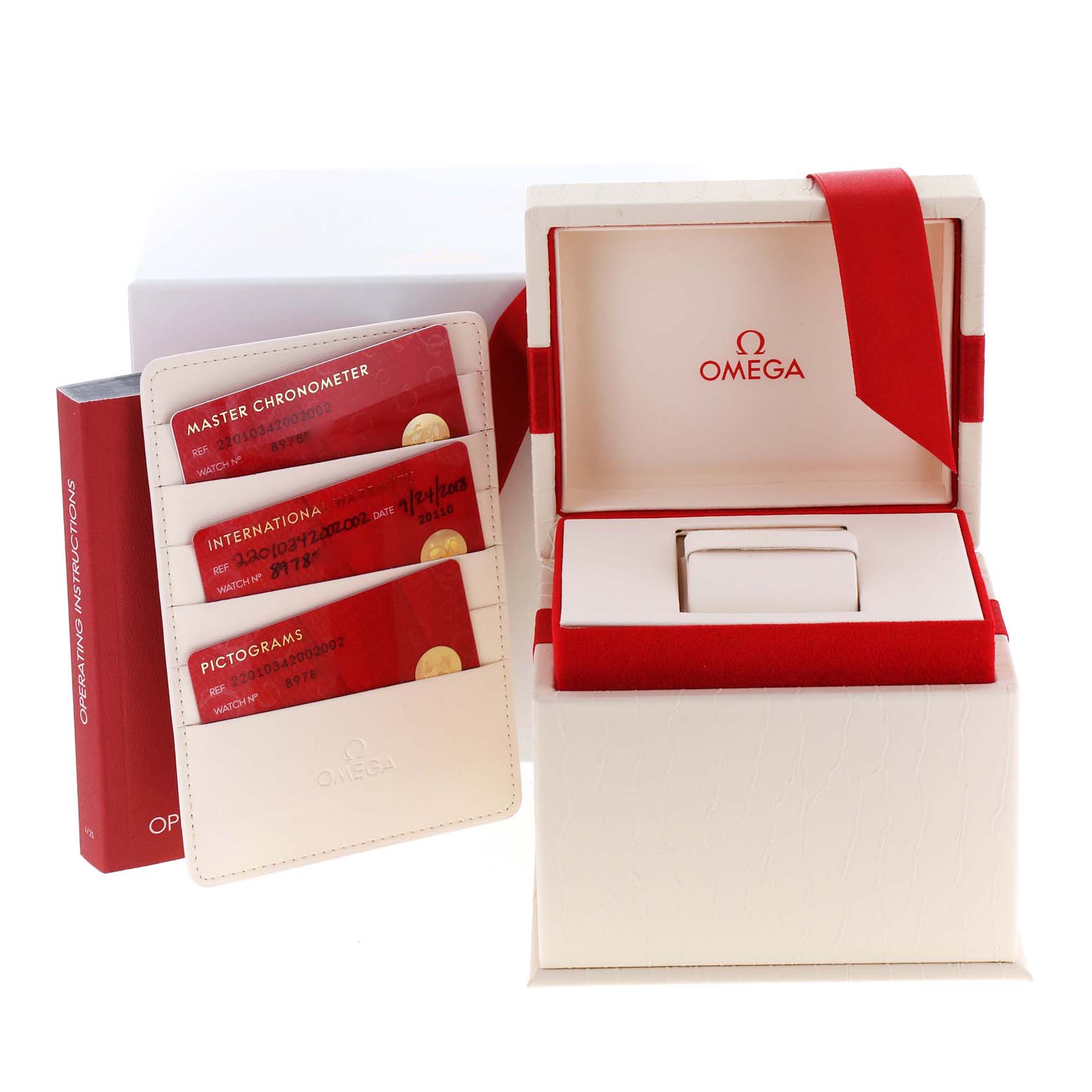 The image shows the box, international cards, and operating instructions for the Omega 220.10.34.20.02.002 Women
s Stainless Steel Silver Dial 220.10.34.20.02.002 Women
s Stainless Steel Silver Dial Seamaster Aqua Terra Steel Ladies Watch model 220.10.34.20.02.002.