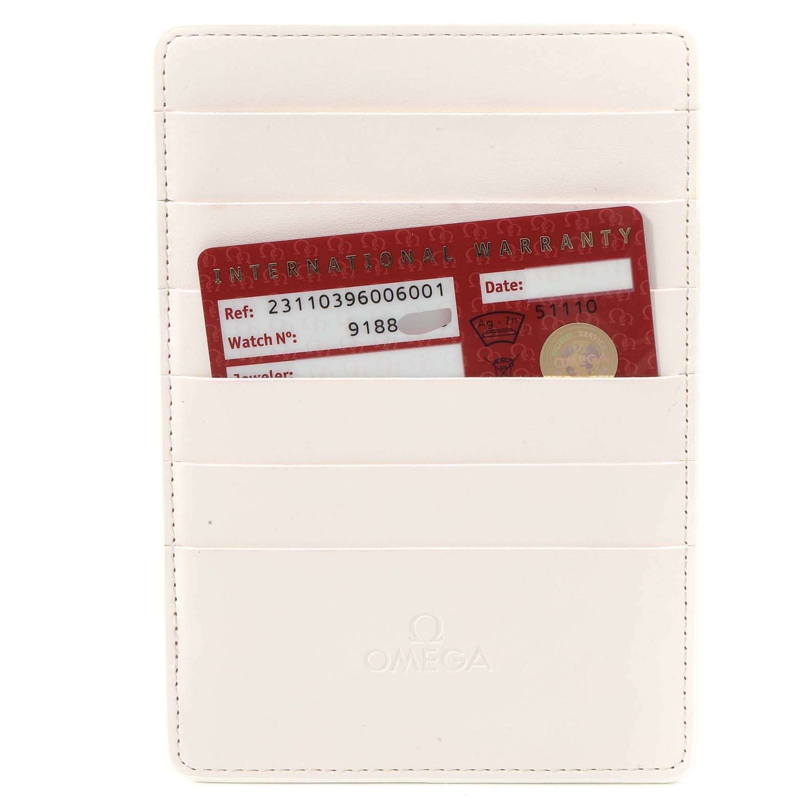 The image shows an Omega Aqua Terra 231.10.39.60.06.001 Men
s Stainless Steel Grey Dial 231.10.39.60.06.001 Men
s Stainless Steel Grey Dial watch
s international warranty card in a white Omega-branded cardholder.