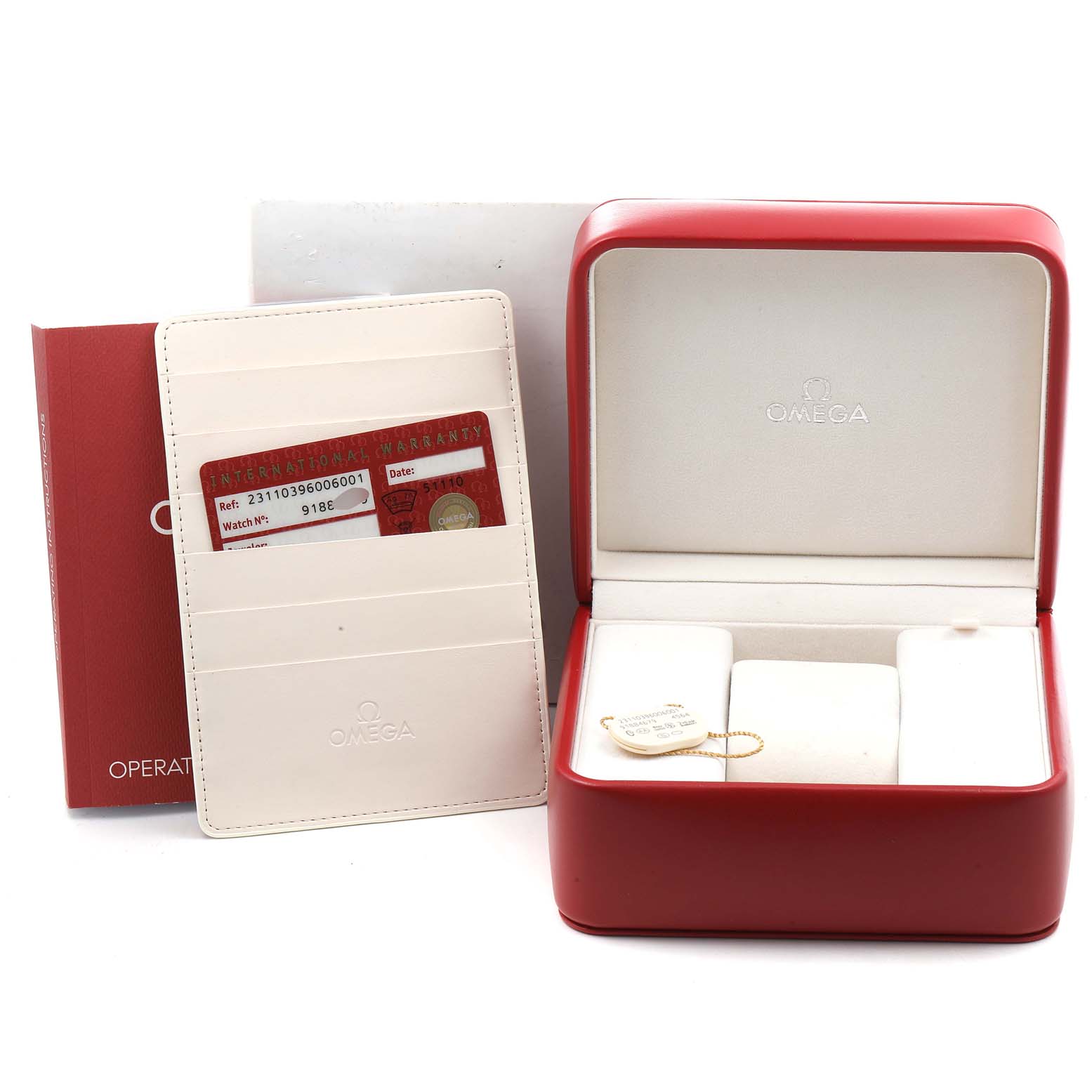 This image shows the accessories of the Omega Aqua Terra 231.10.39.60.06.001 Men
s Stainless Steel Grey Dial 231.10.39.60.06.001 Men
s Stainless Steel Grey Dial watch, including the watch box, operation manual, and warranty cardholder.