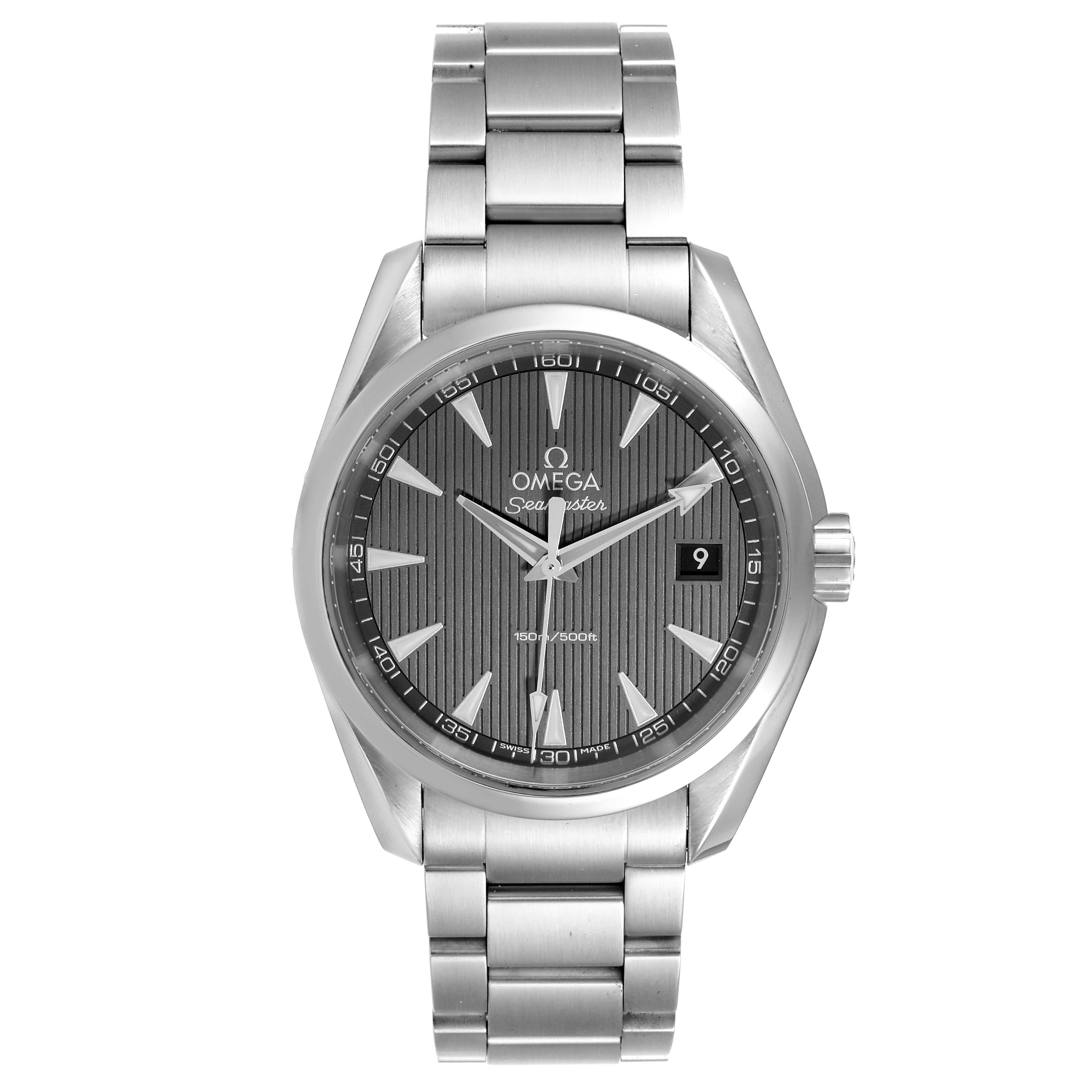 The image shows a frontal view of the Omega Aqua Terra 231.10.39.60.06.001 Men
s Stainless Steel Grey Dial 231.10.39.60.06.001 Men
s Stainless Steel Grey Dial model, featuring its stainless steel bracelet, dial, and date window.