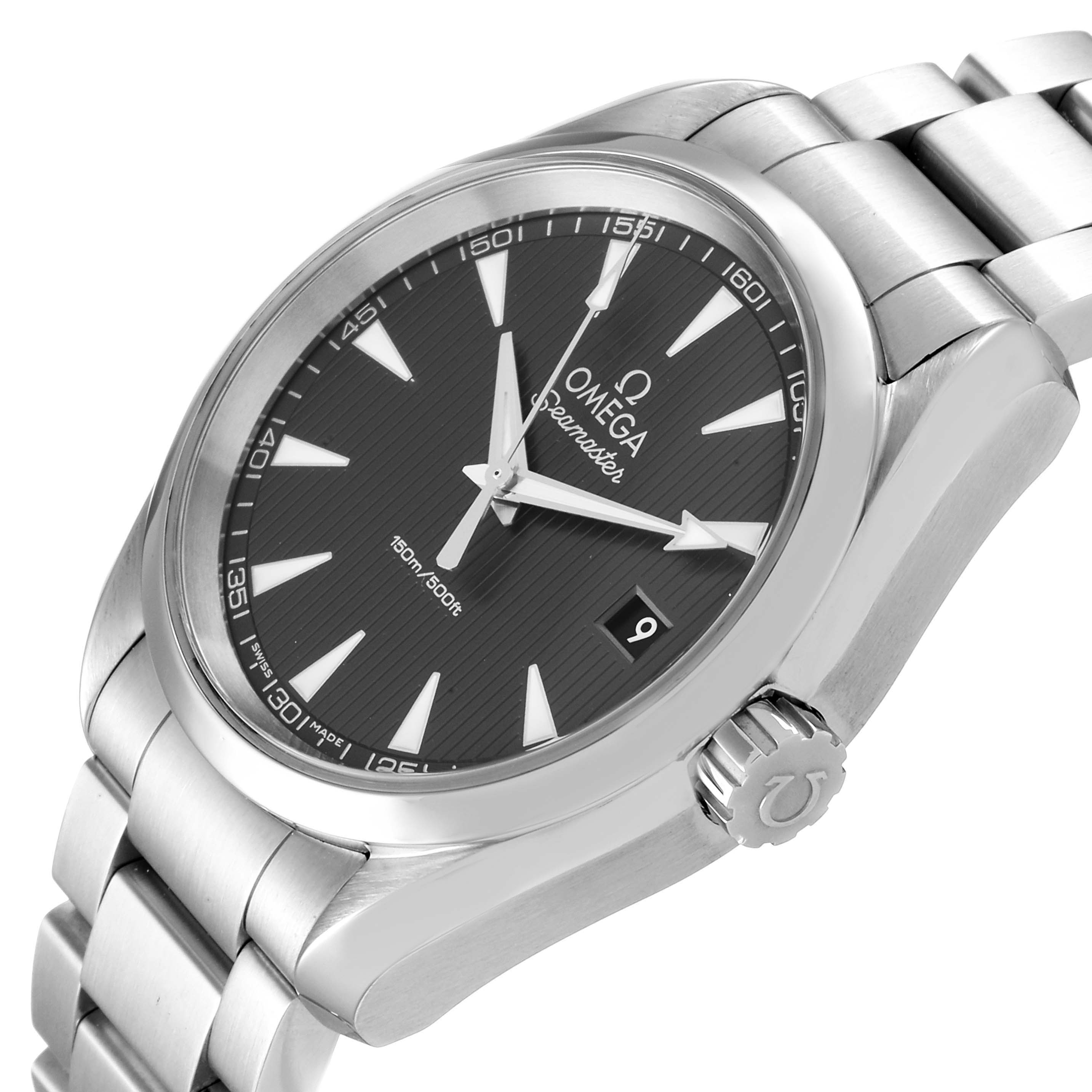 The image shows an angled view of the Omega Aqua Terra 231.10.39.60.06.001 Men
s Stainless Steel Grey Dial 231.10.39.60.06.001 Men
s Stainless Steel Grey Dial watch, highlighting its face, bezel, crown, and bracelet.