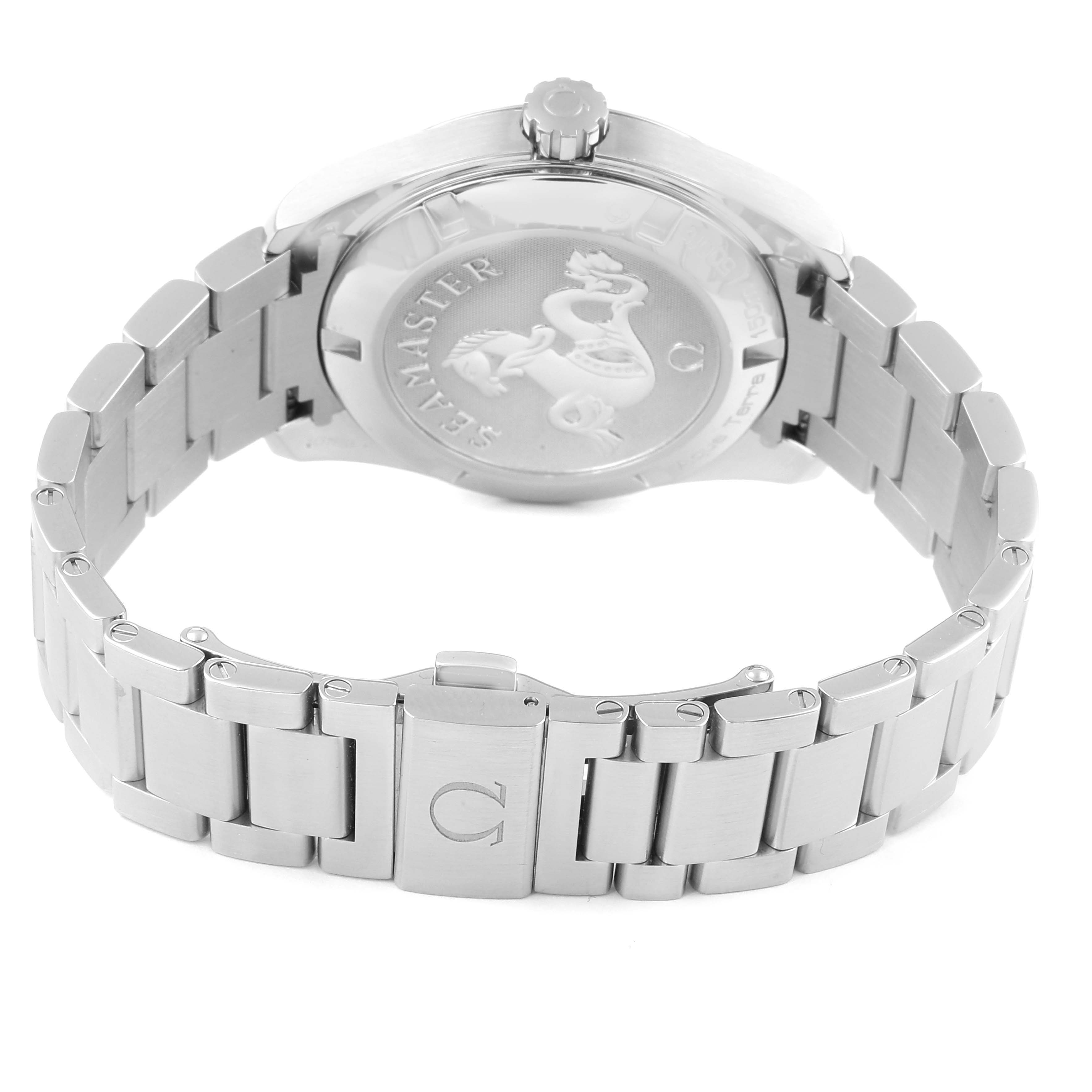 The image shows the back case and bracelet of an Omega Aqua Terra 231.10.39.60.06.001 Men
s Stainless Steel Grey Dial 231.10.39.60.06.001 Men
s Stainless Steel Grey Dial watch, highlighting the engraved case back and the clasp.