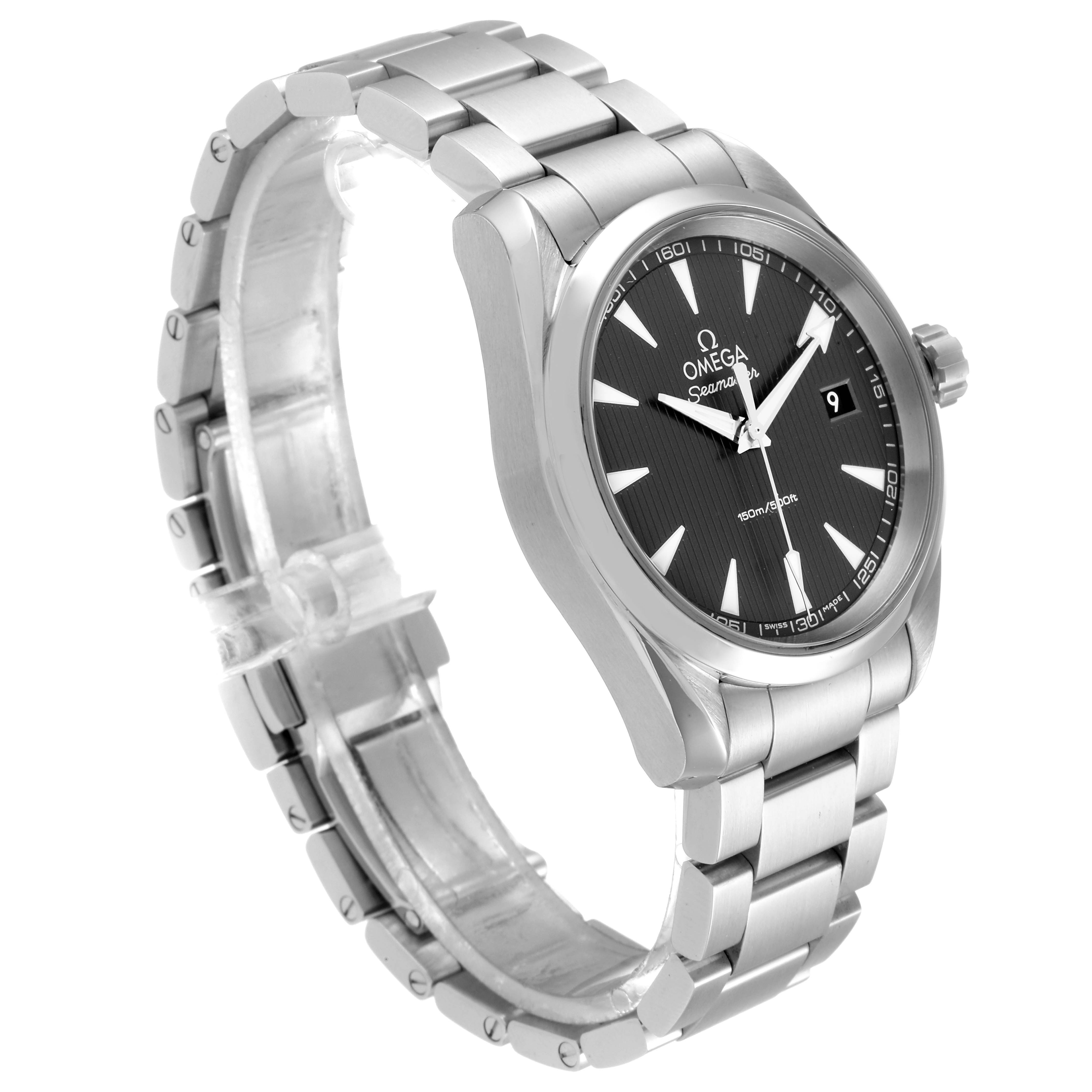 This image shows an Omega Aqua Terra 231.10.39.60.06.001 Men
s Stainless Steel Grey Dial 231.10.39.60.06.001 Men
s Stainless Steel Grey Dial watch from a front-side angle, highlighting its face, bezel, crown, and bracelet.