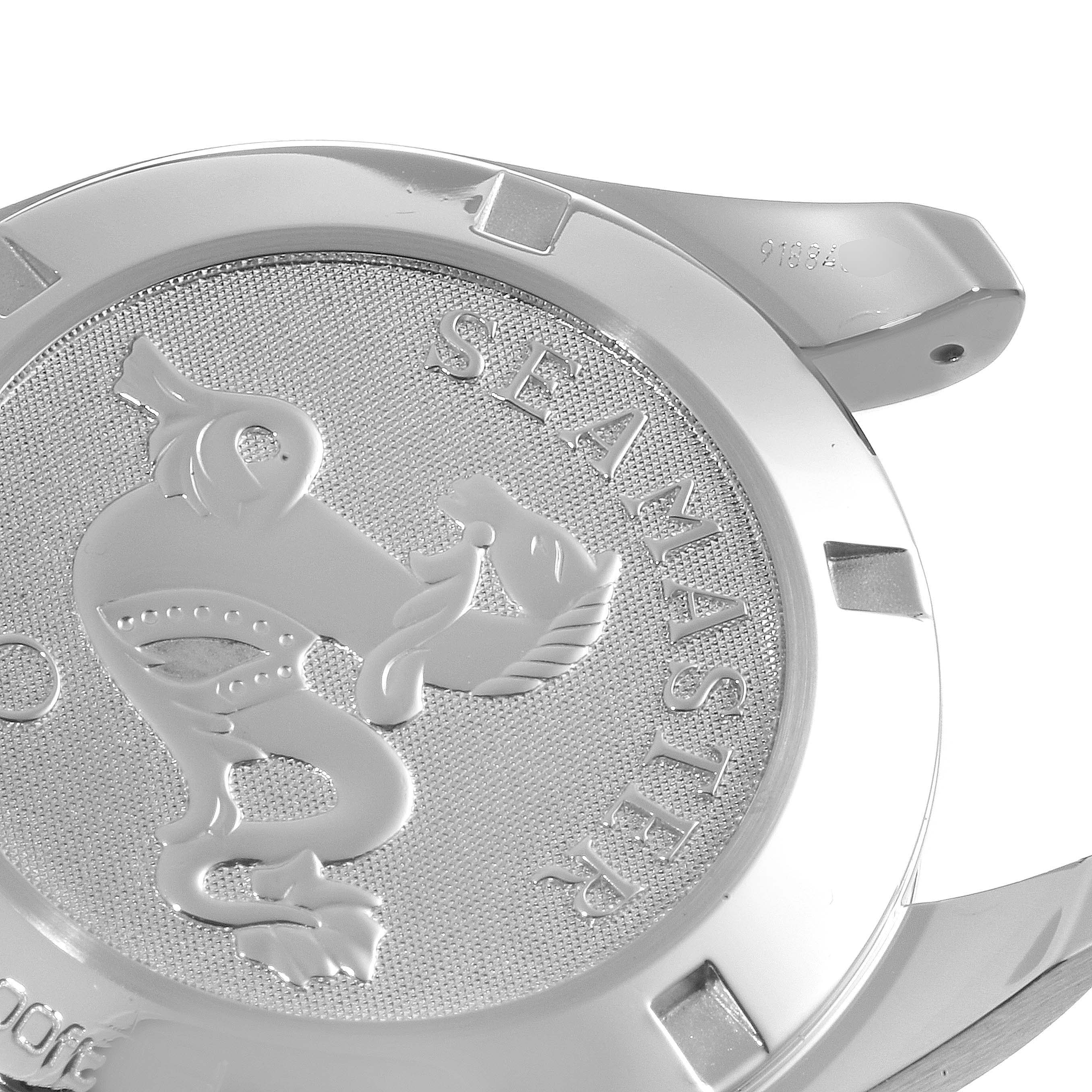 The image shows the back case of an Omega Aqua Terra 231.10.39.60.06.001 Men
s Stainless Steel Grey Dial 231.10.39.60.06.001 Men
s Stainless Steel Grey Dial Seamaster watch, highlighting the engraved seahorse emblem.