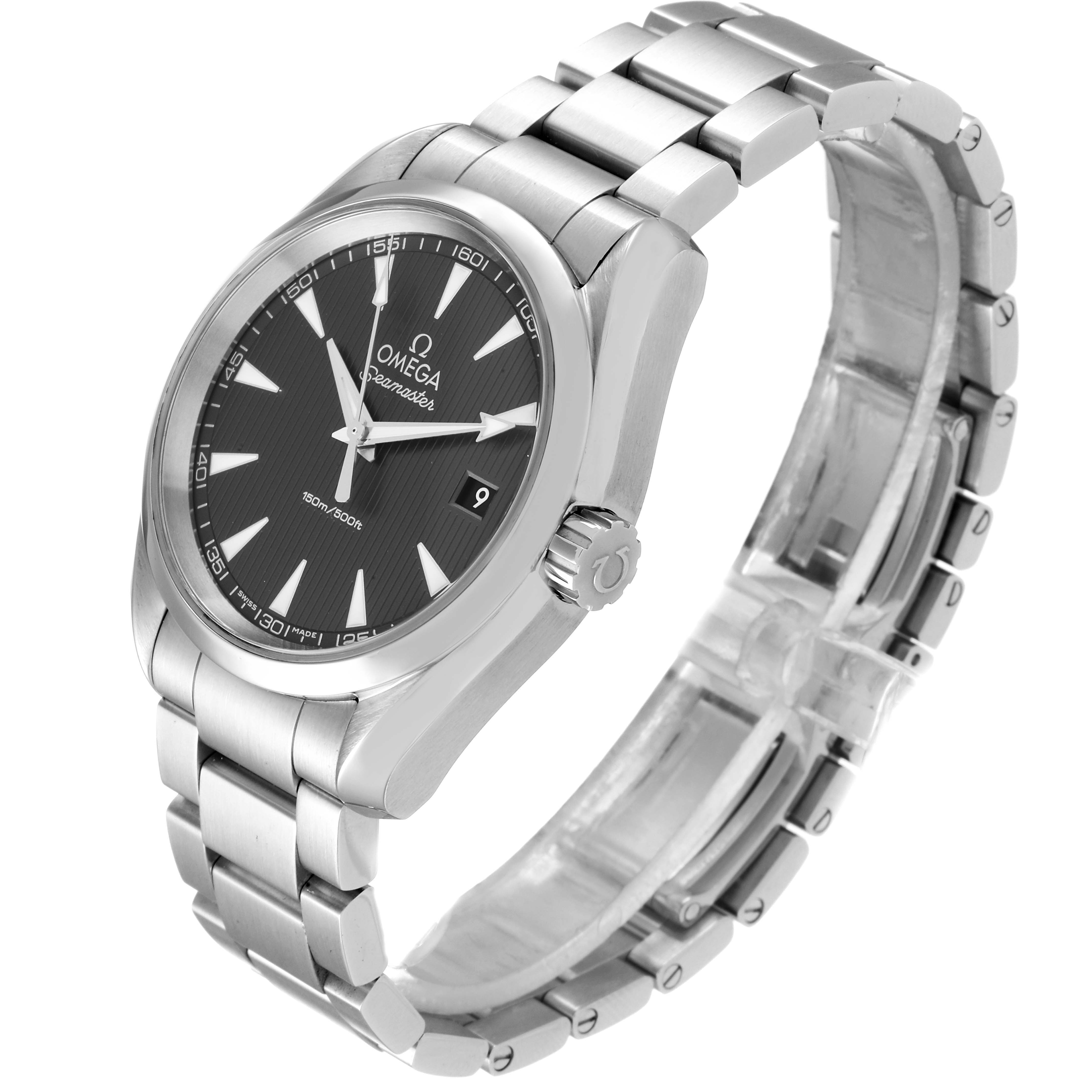 The image shows a side-angled view of the Omega Aqua Terra 231.10.39.60.06.001 Men
s Stainless Steel Grey Dial 231.10.39.60.06.001 Men
s Stainless Steel Grey Dial watch, highlighting the face, bezel, crown, and metal bracelet.