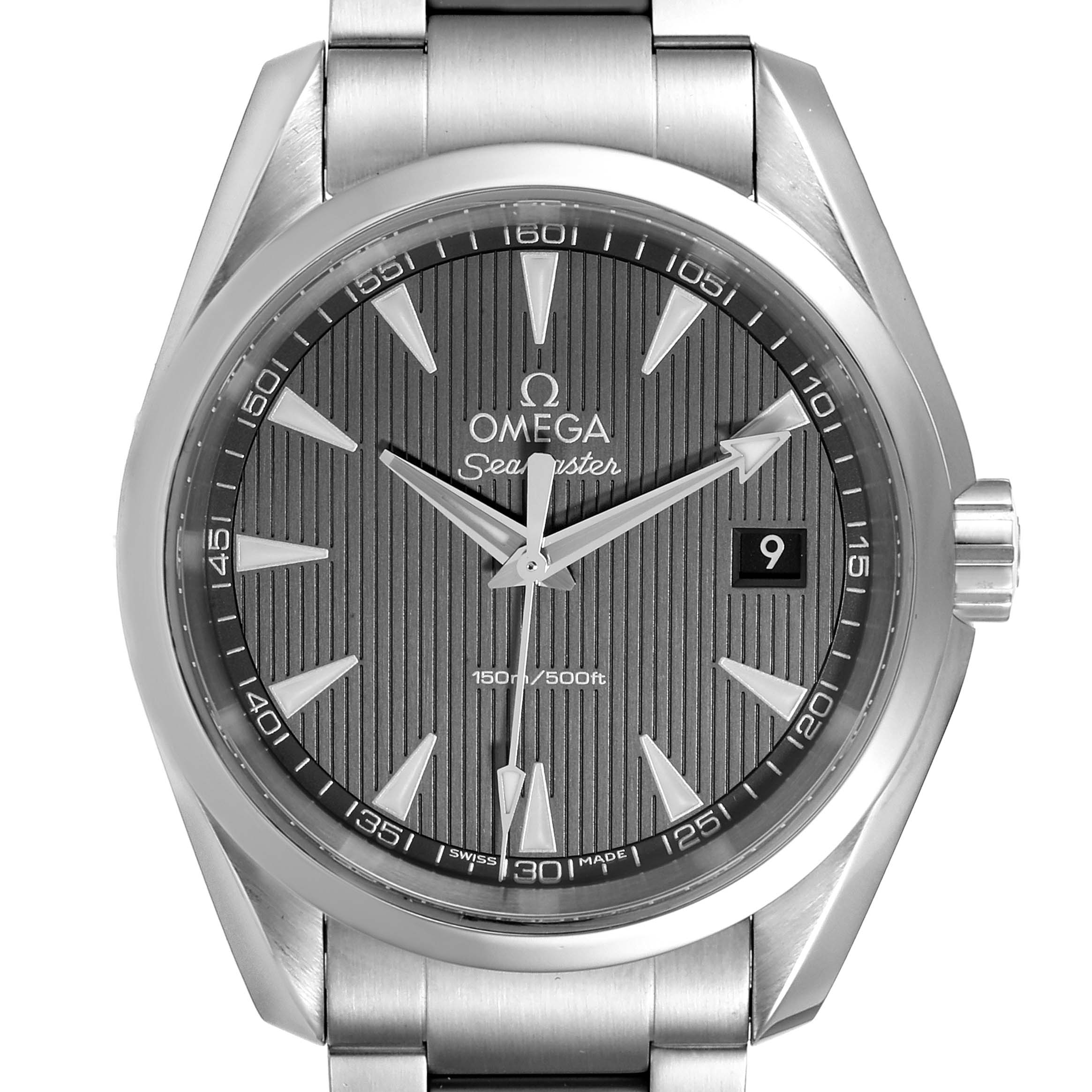 The image shows a front view of the Omega Aqua Terra 231.10.39.60.06.001 Men
s Stainless Steel Grey Dial 231.10.39.60.06.001 Men
s Stainless Steel Grey Dial watch, highlighting the dial, bezel, and bracelet.