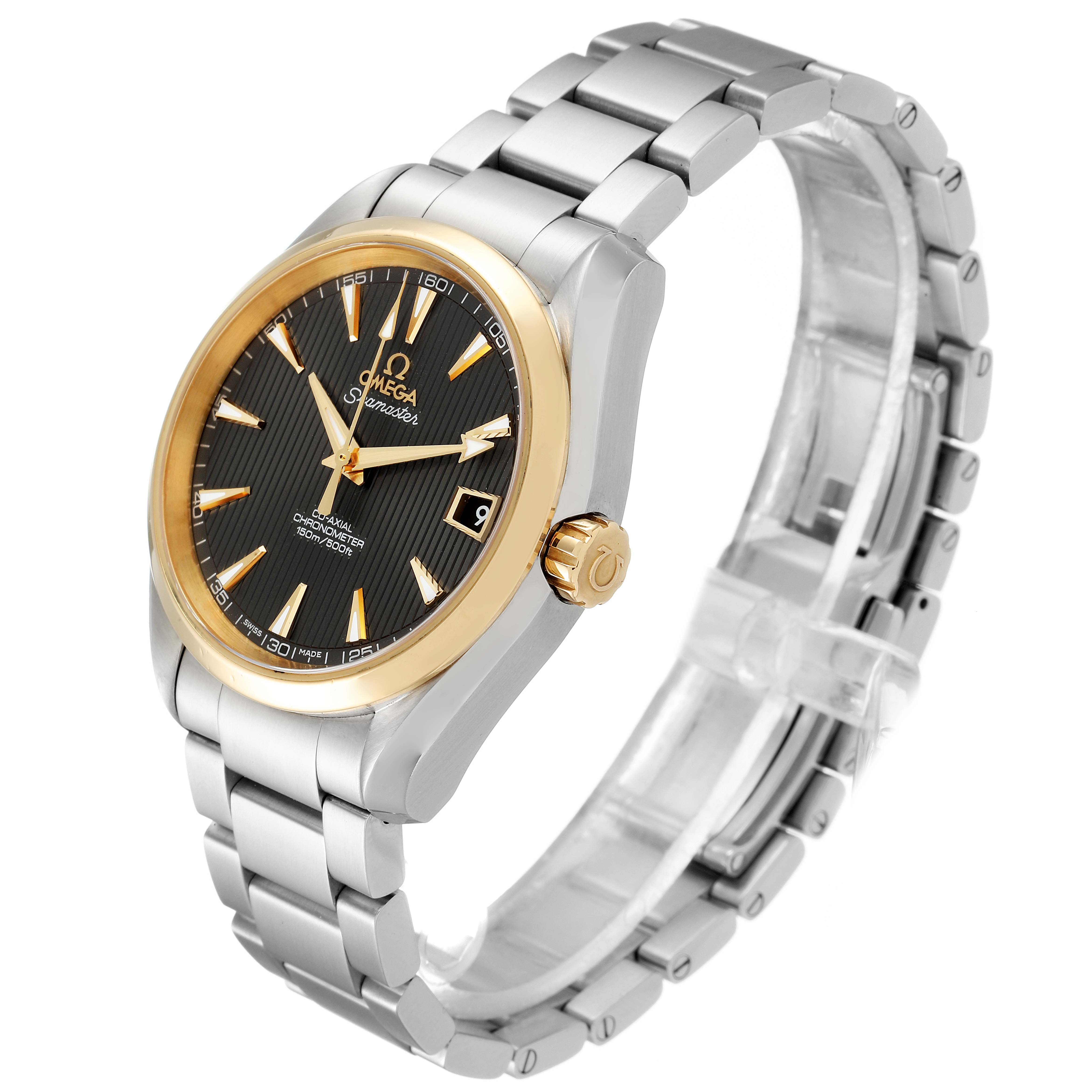 The Omega Aqua Terra 231.20.39.21.06.004 Men's Steel and Gold (two tone) Grey Dial 231.20.39.21.06.004 Men's Steel and Gold (two tone) Grey Dial watch is shown at a three-quarter angle, highlighting its black dial, gold bezel, and metal bracelet.