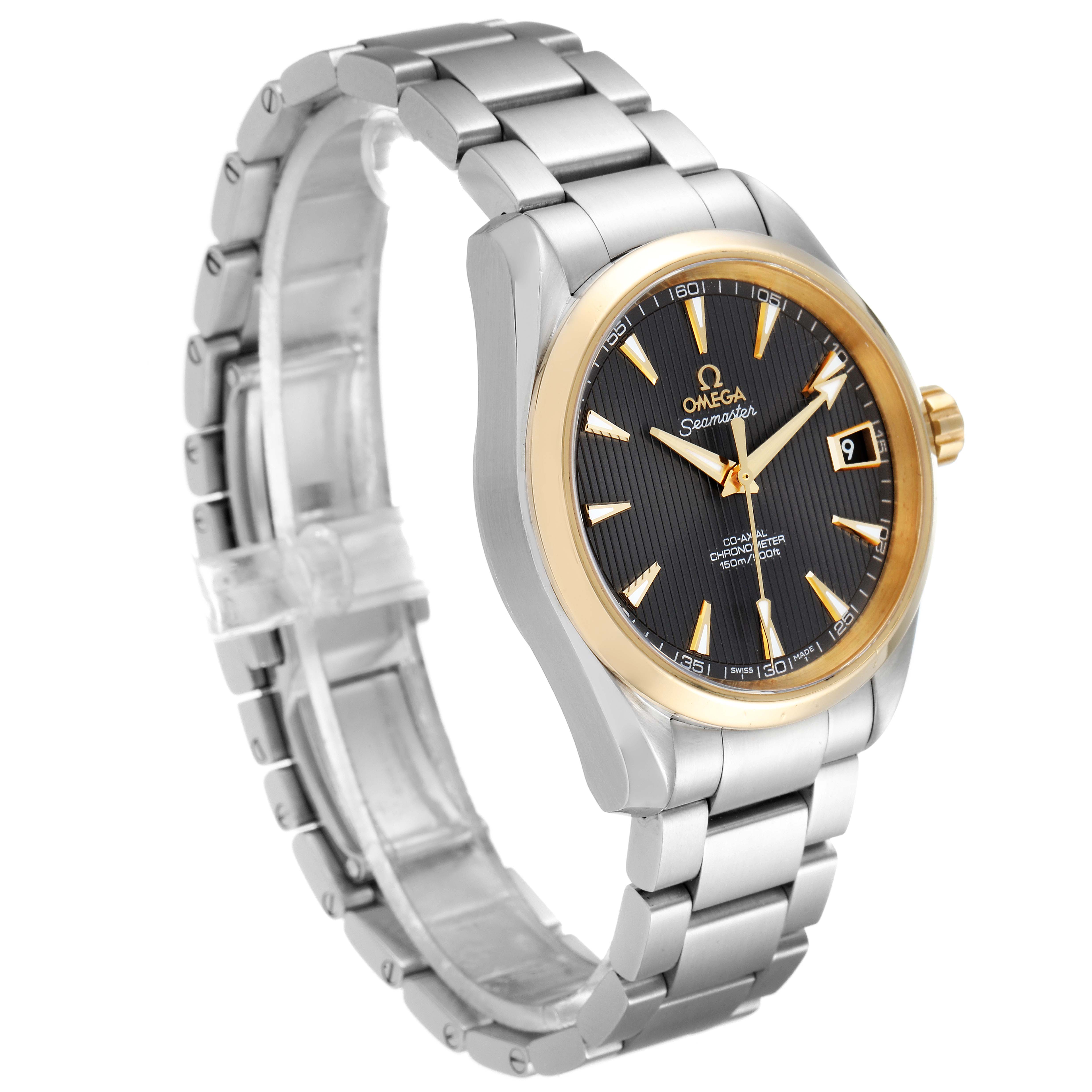 This image shows an Omega Aqua Terra 231.20.39.21.06.004 Men's Steel and Gold (two tone) Grey Dial 231.20.39.21.06.004 Men's Steel and Gold (two tone) Grey Dial watch at a three-quarter angle, displaying its silver and gold case, bracelet, and face details.