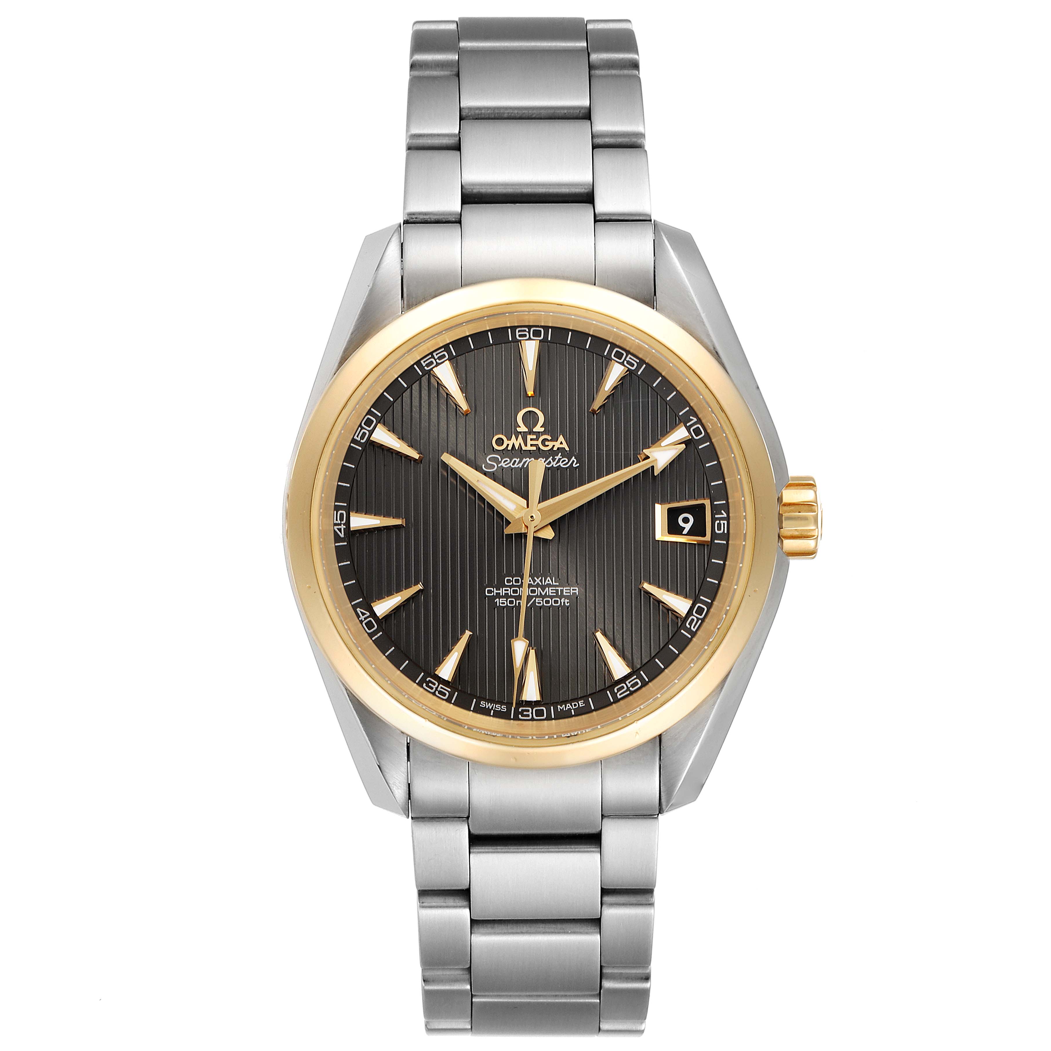 The image shows a front view of an Omega Aqua Terra 231.20.39.21.06.004 Men's Steel and Gold (two tone) Grey Dial 231.20.39.21.06.004 Men's Steel and Gold (two tone) Grey Dial watch, displaying its face, bezel, bracelet, and crown.