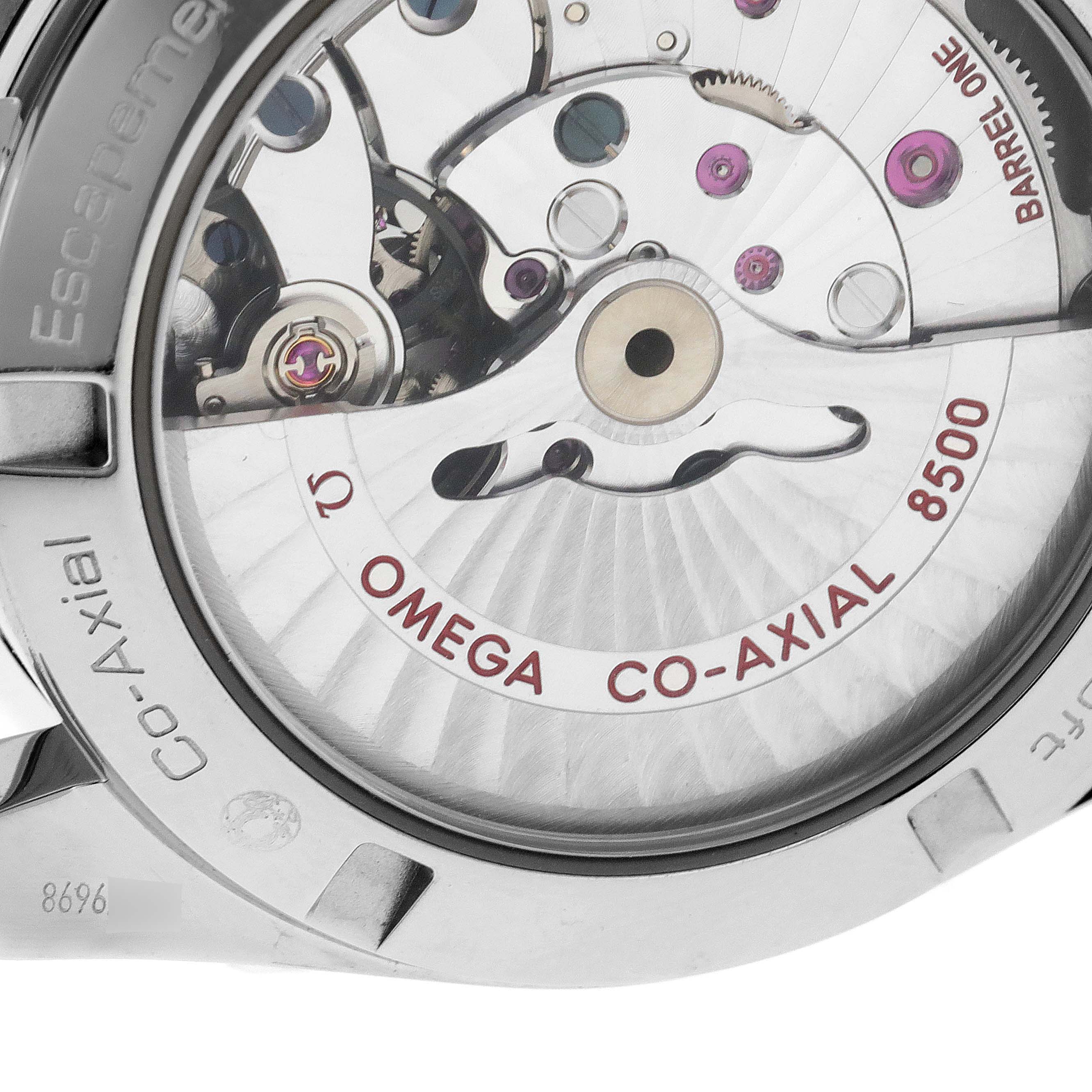 The image shows the back of the Omega Aqua Terra 231.20.39.21.06.004 Men's Steel and Gold (two tone) Grey Dial 231.20.39.21.06.004 Men's Steel and Gold (two tone) Grey Dial watch, highlighting its Co-Axial caliber 8500 movement.