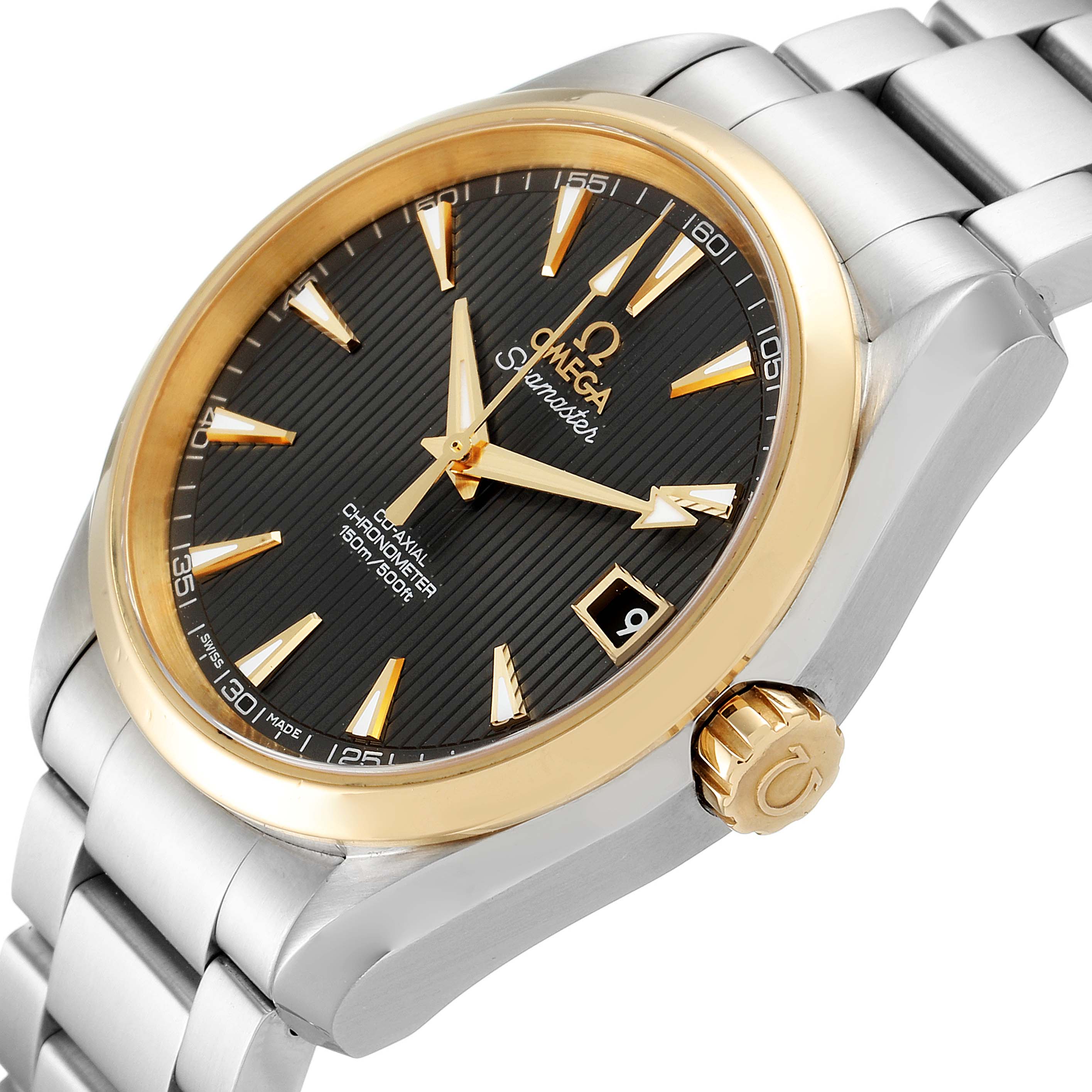The image shows an Omega Aqua Terra 231.20.39.21.06.004 Men's Steel and Gold (two tone) Grey Dial 231.20.39.21.06.004 Men's Steel and Gold (two tone) Grey Dial watch at an angle, highlighting the face, bezel, crown, and part of the bracelet.