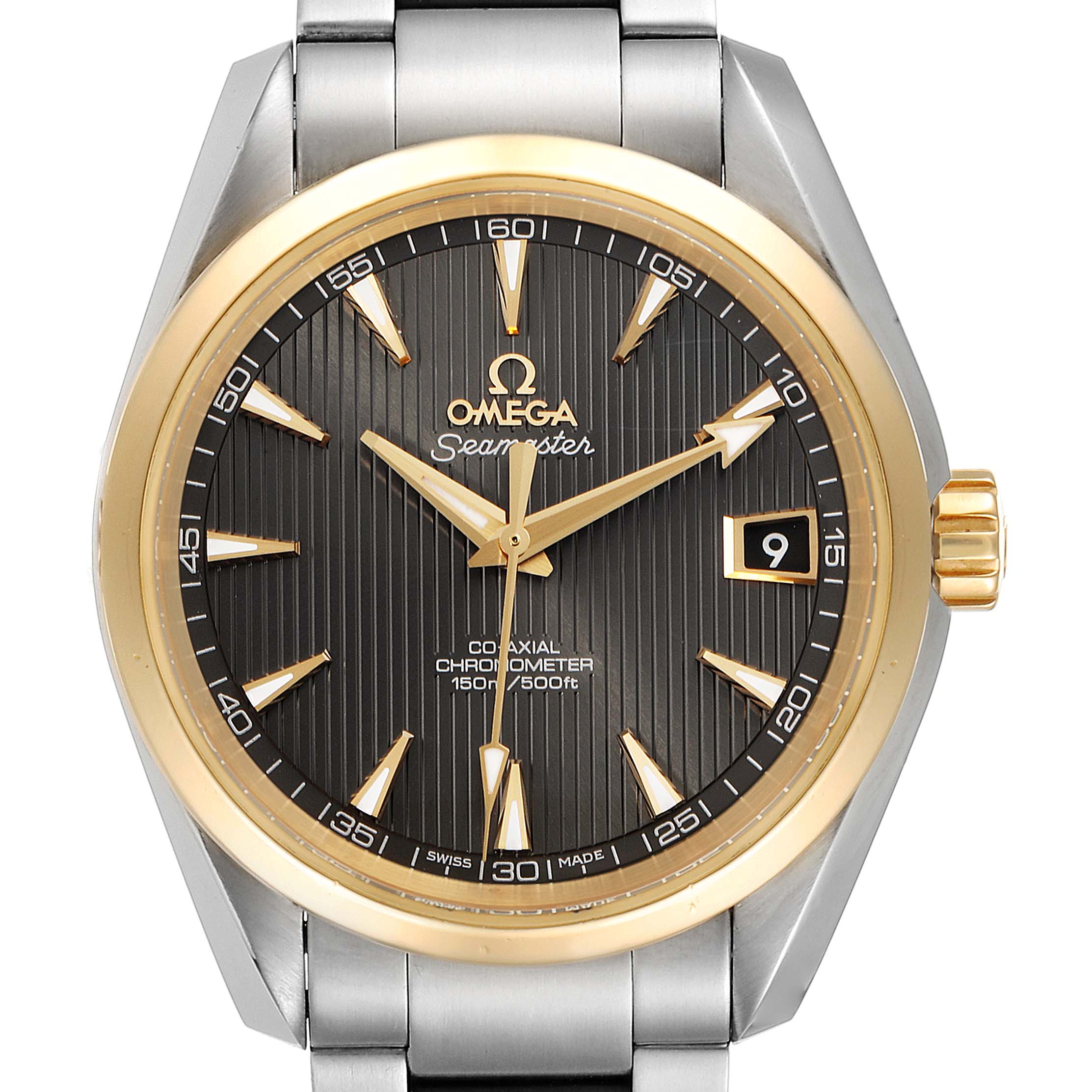 The image shows a front view of the Omega Aqua Terra 231.20.39.21.06.004 Men's Steel and Gold (two tone) Grey Dial 231.20.39.21.06.004 Men's Steel and Gold (two tone) Grey Dial Seamaster watch, highlighting the dial, bezel, and part of the bracelet.