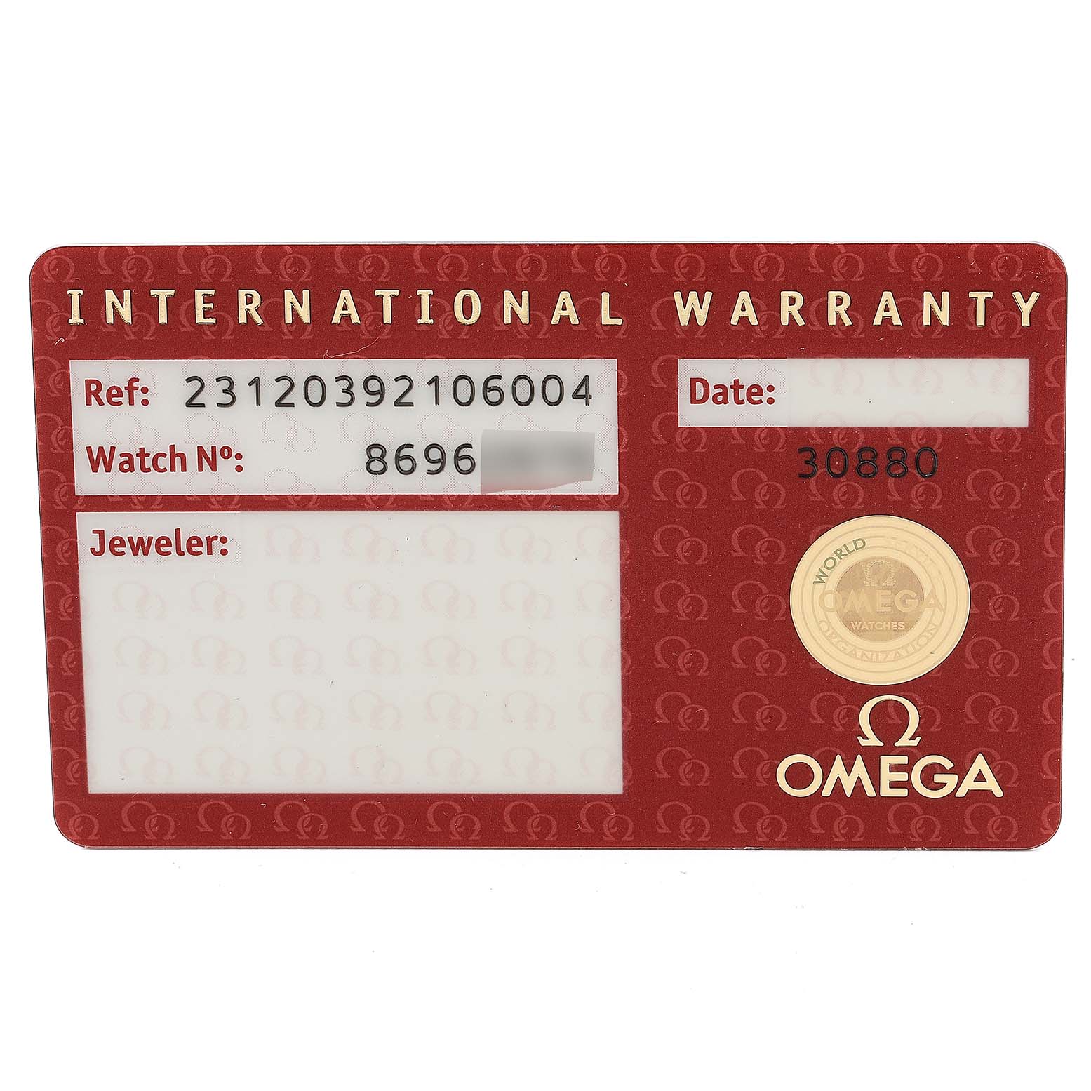 The image shows an International Warranty card for the Omega Aqua Terra 231.20.39.21.06.004 Men's Steel and Gold (two tone) Grey Dial 231.20.39.21.06.004 Men's Steel and Gold (two tone) Grey Dial model, displaying reference and watch numbers.
