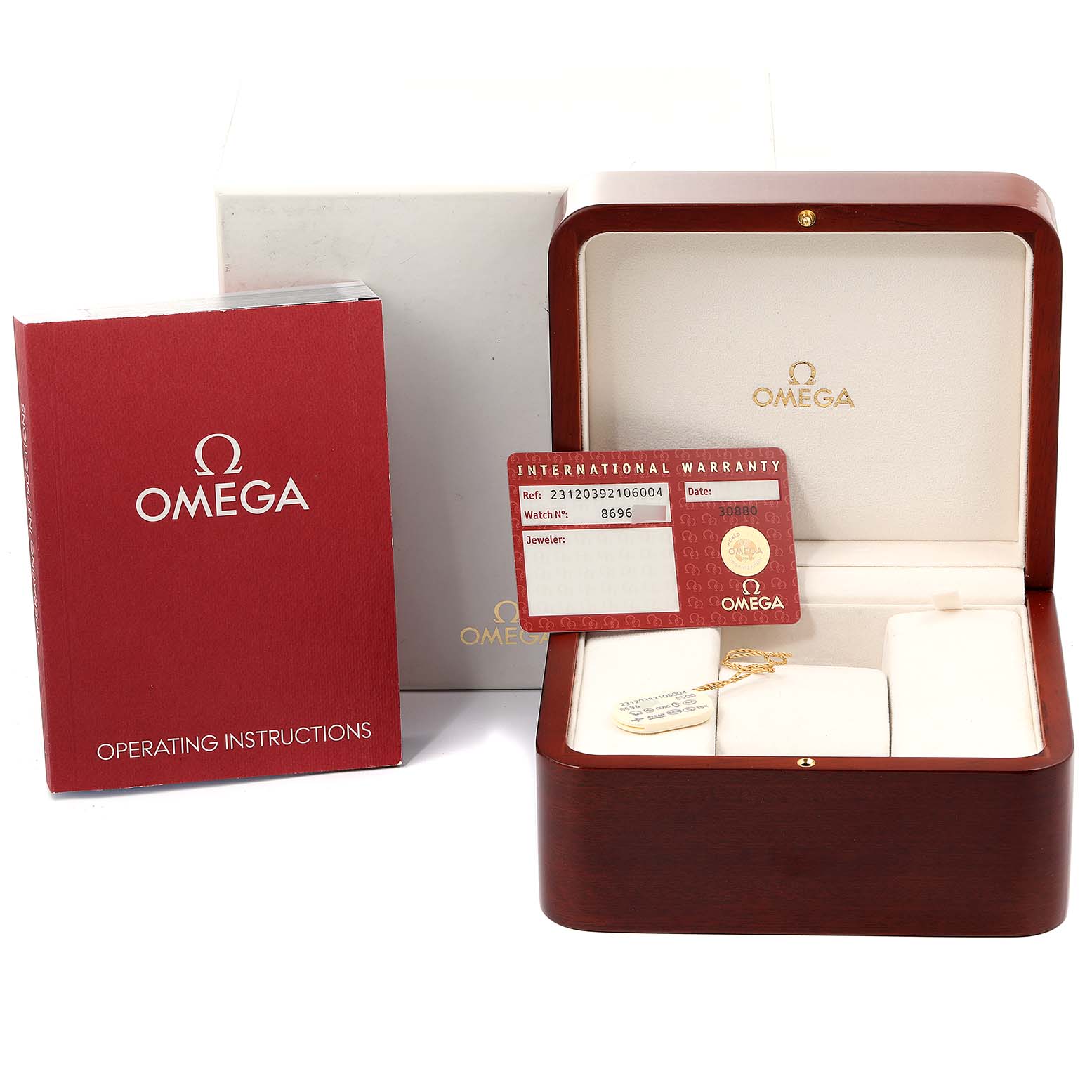 The image shows an Omega Aqua Terra 231.20.39.21.06.004 Men's Steel and Gold (two tone) Grey Dial 231.20.39.21.06.004 Men's Steel and Gold (two tone) Grey Dial watch box, an international warranty card, and operating instructions.