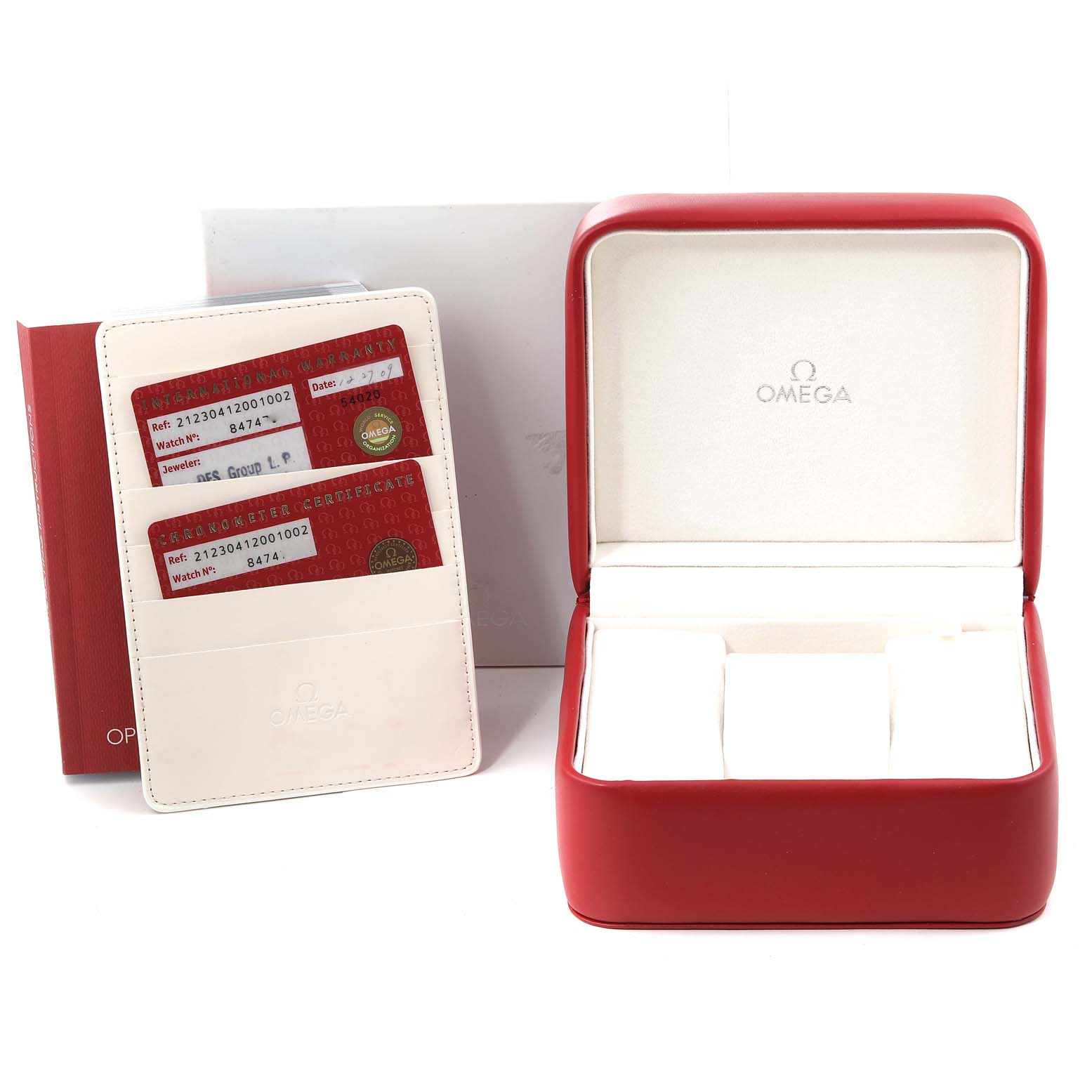 This image shows the Omega Seamaster 212.30.41.20.01.002 Men's Stainless Steel Black Dial 212.30.41.20.01.002 Men's Stainless Steel Black Dial watch packaging, including a red box, warranty cards, and user manuals.