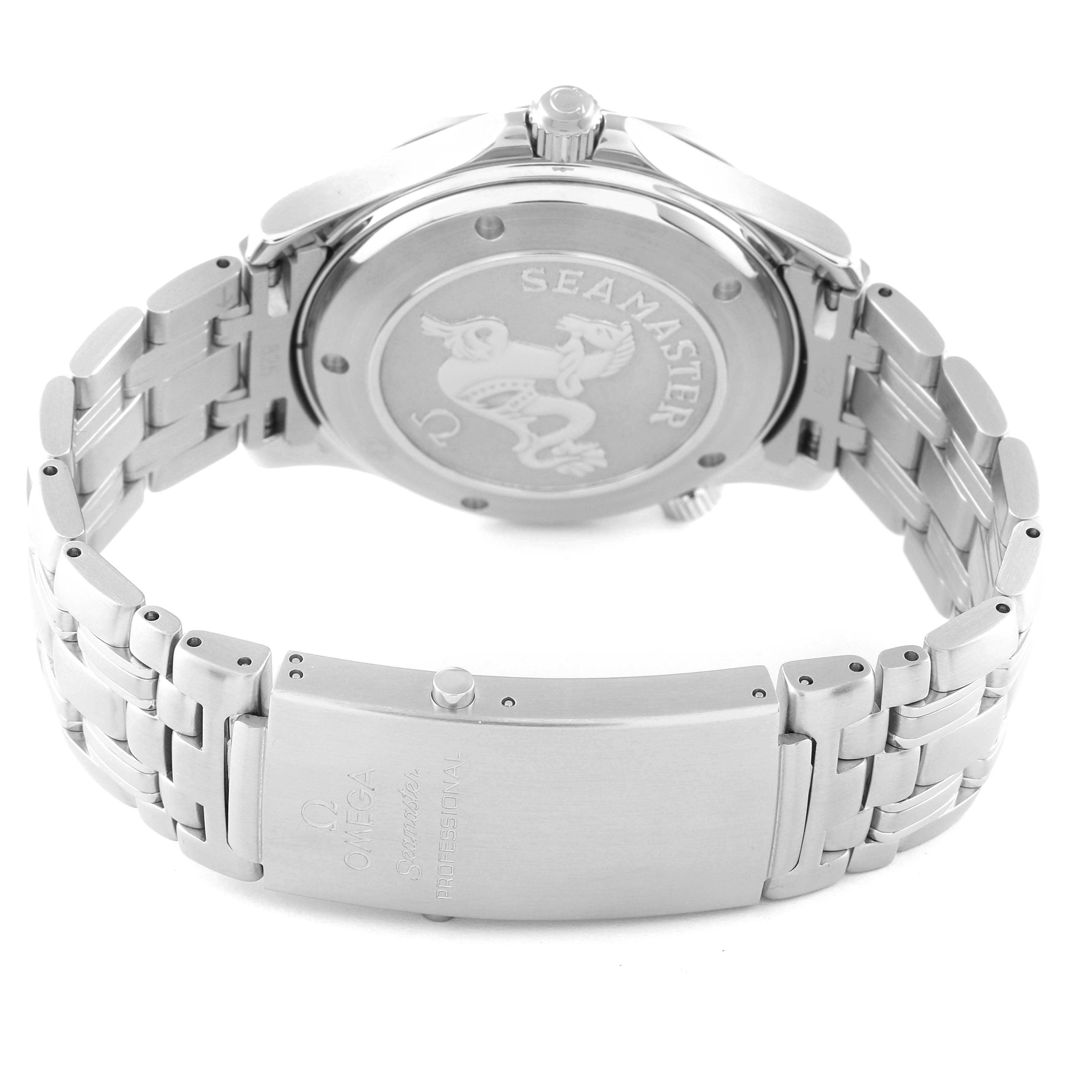 This image shows the back case and bracelet of an Omega Seamaster 212.30.41.20.01.002 Men's Stainless Steel Black Dial 212.30.41.20.01.002 Men's Stainless Steel Black Dial watch.