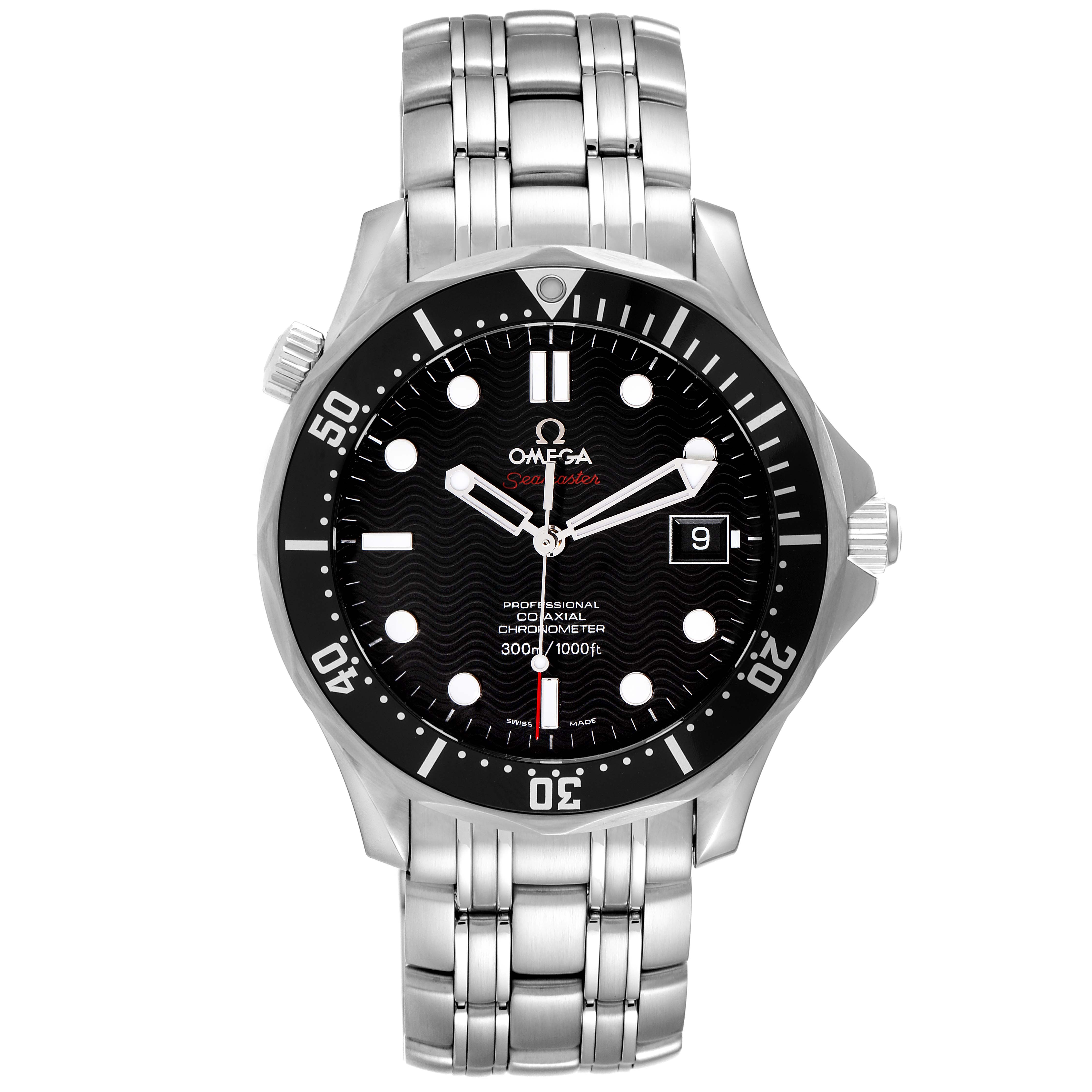 The image displays a front view of the Omega Seamaster 212.30.41.20.01.002 Men's Stainless Steel Black Dial 212.30.41.20.01.002 Men's Stainless Steel Black Dial watch, showcasing its black dial, date window, and stainless steel bracelet.