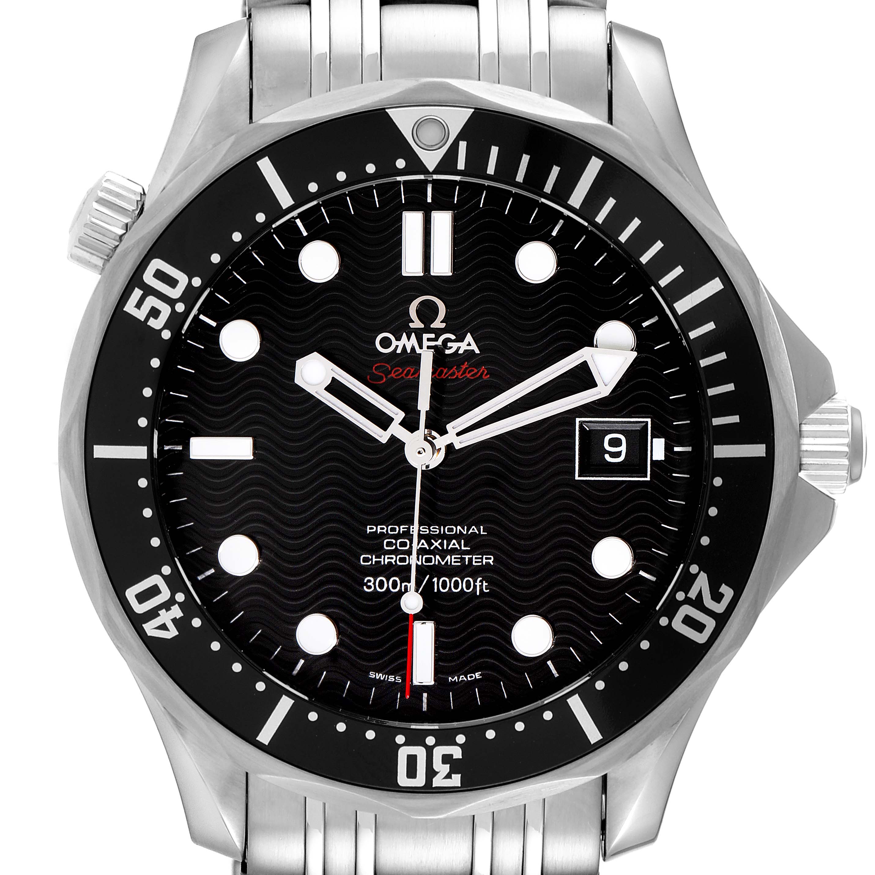 This image shows a front view of the Omega Seamaster 212.30.41.20.01.002 Men's Stainless Steel Black Dial 212.30.41.20.01.002 Men's Stainless Steel Black Dial watch, highlighting the dial, hands, bezel, date window, and part of the bracelet.