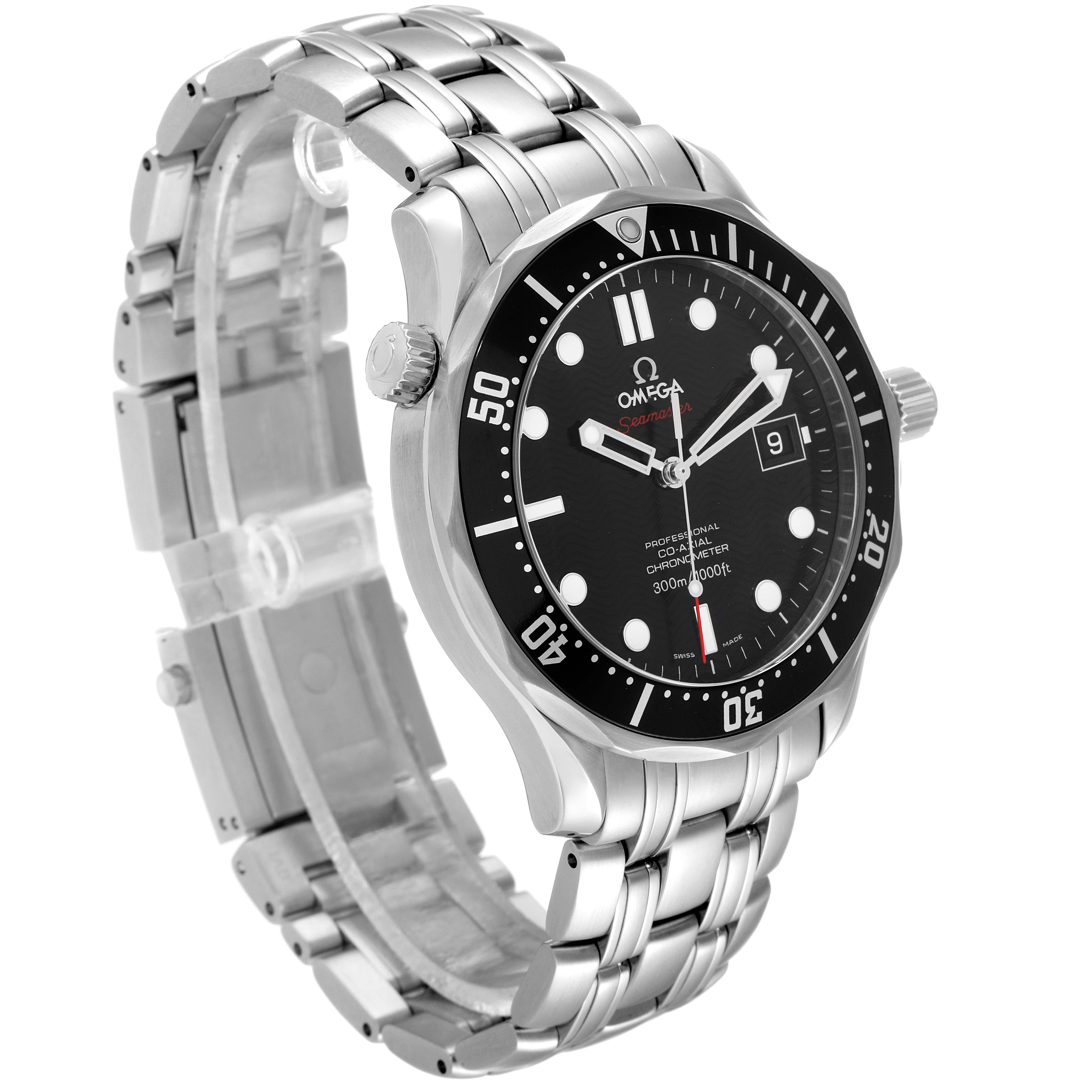 The Omega Seamaster 212.30.41.20.01.002 Men's Stainless Steel Black Dial 212.30.41.20.01.002 Men's Stainless Steel Black Dial watch is shown at an angle, highlighting its black dial, bezel, metal bracelet, and crown.