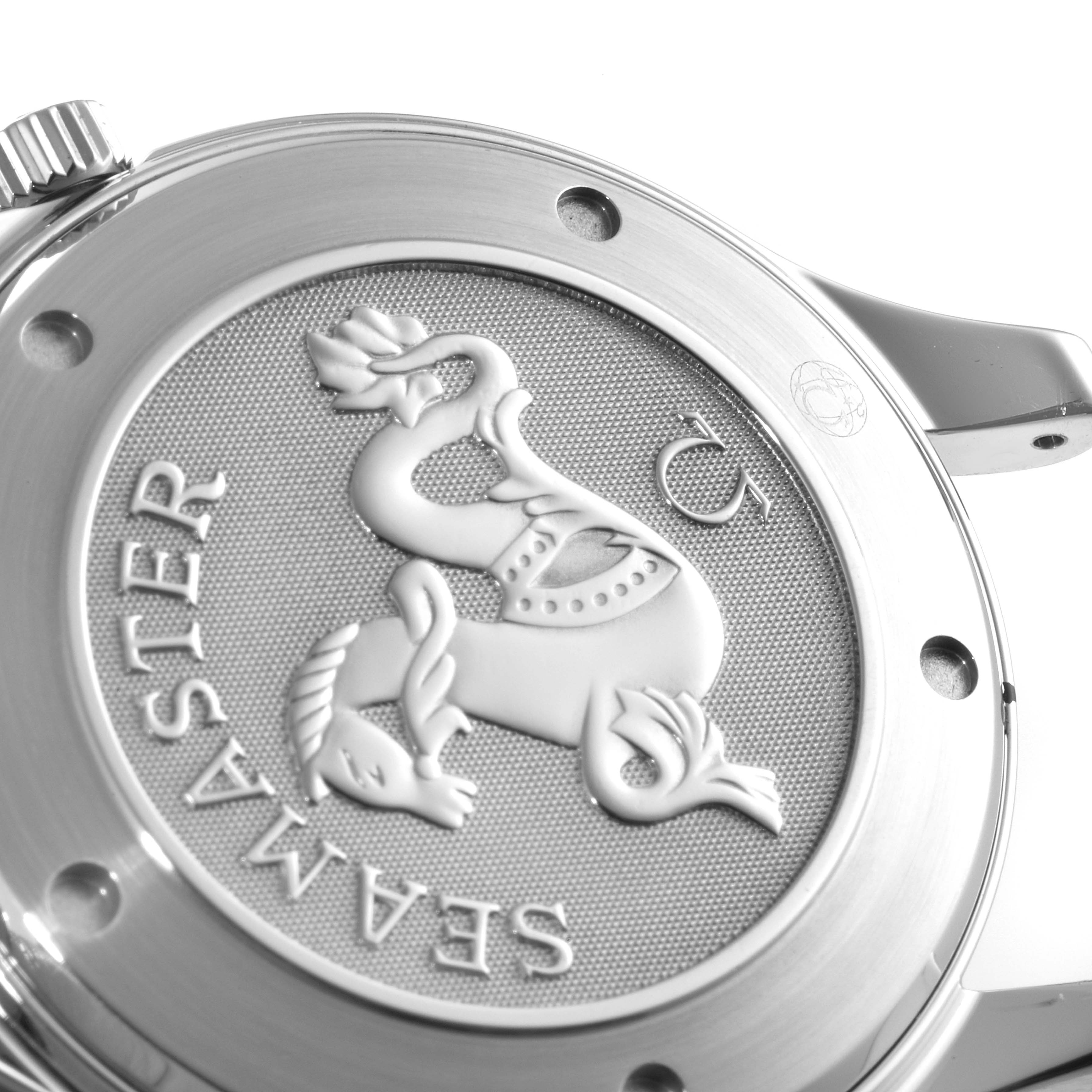 The image shows a close-up of the case back for an Omega Seamaster 212.30.41.20.01.002 Men's Stainless Steel Black Dial 212.30.41.20.01.002 Men's Stainless Steel Black Dial watch, highlighting its engraved logo and text.