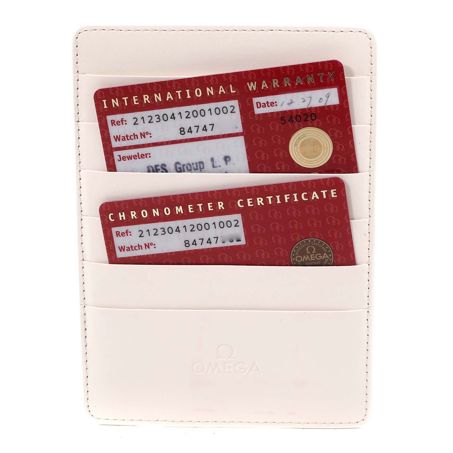 The image shows the International Warranty and Chronometer Certificate cards for the Omega Seamaster 212.30.41.20.01.002 Men's Stainless Steel Black Dial 212.30.41.20.01.002 Men's Stainless Steel Black Dial model in a white cardholder.