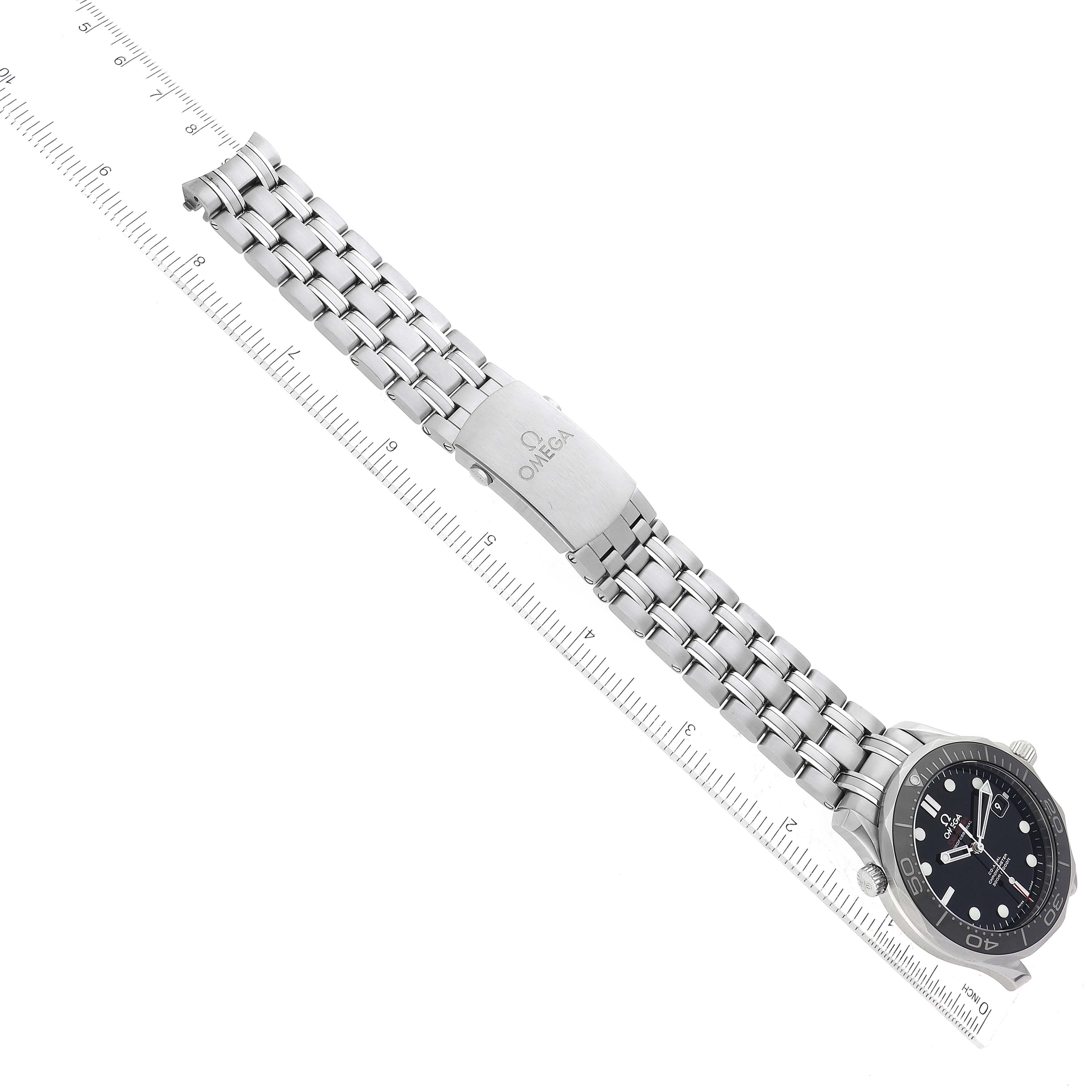 The image shows an Omega Seamaster 212.30.41.20.01.003 Men
s Stainless Steel Black Dial 212.30.41.20.01.003 Men
s Stainless Steel Black Dial watch laid flat, displaying its face, bezel, and metal bracelet with clasp.