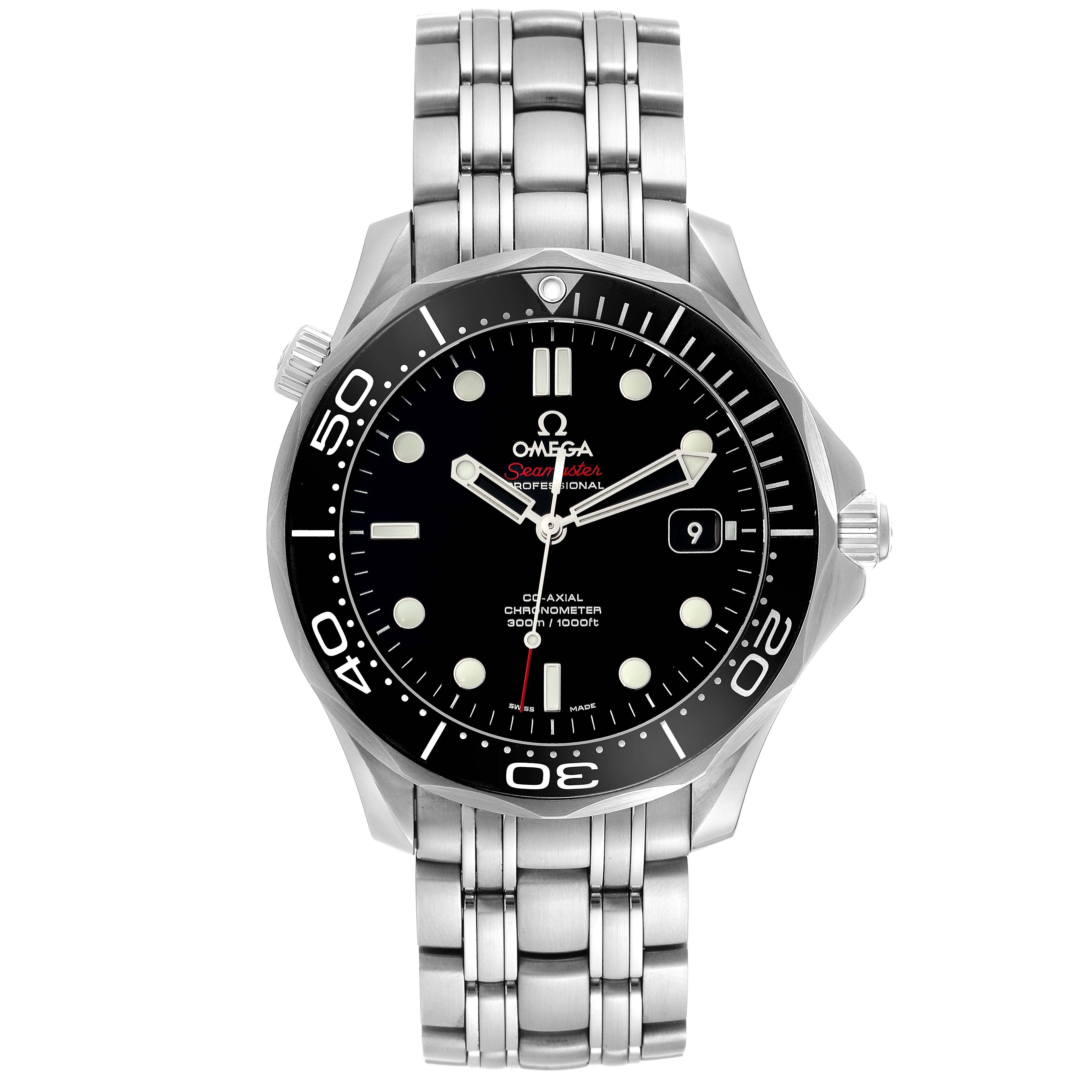 The image shows a front view of the Omega Seamaster 212.30.41.20.01.003 Men
s Stainless Steel Black Dial 212.30.41.20.01.003 Men
s Stainless Steel Black Dial watch, highlighting the dial, bezel, and metal bracelet.