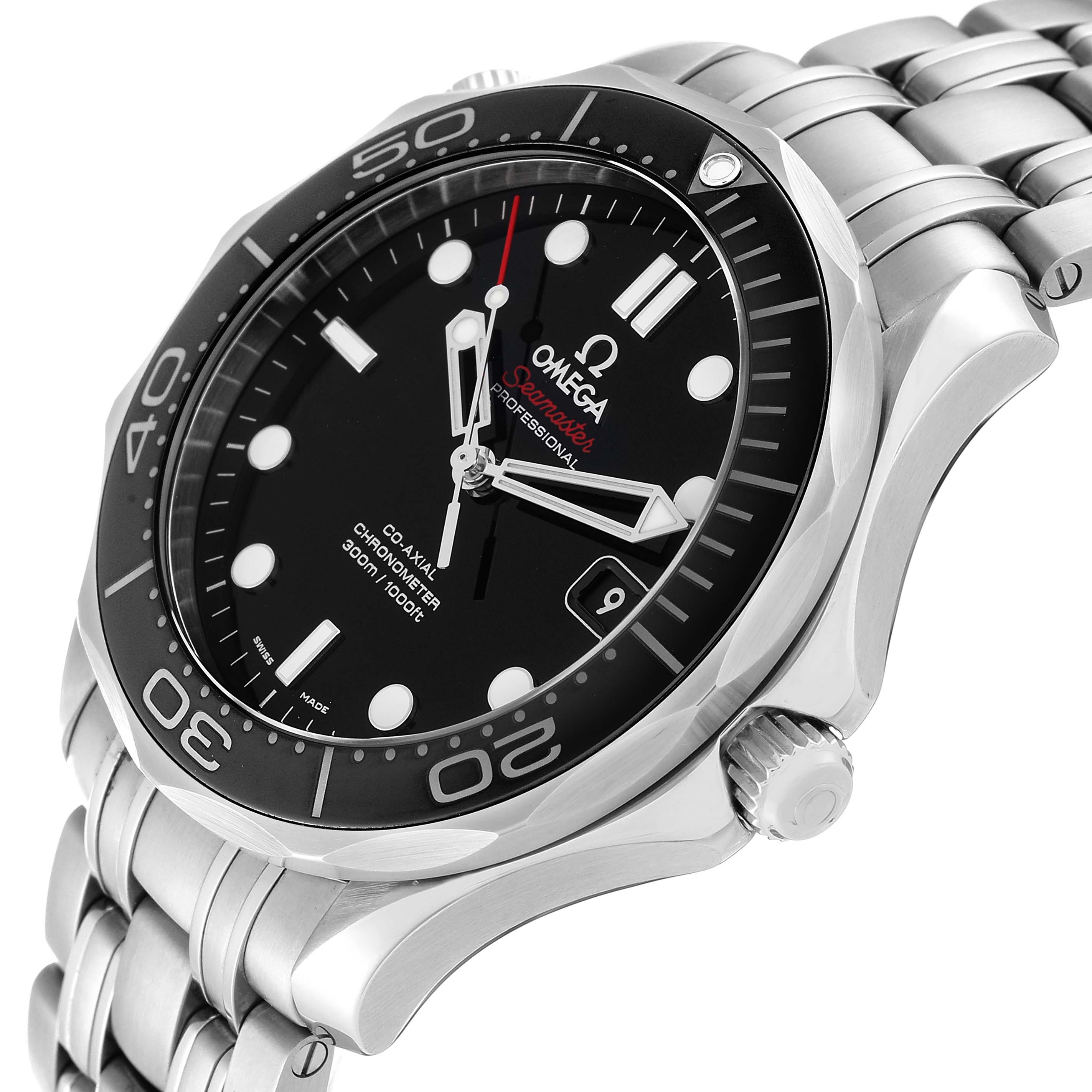 The Omega Seamaster 212.30.41.20.01.003 Men
s Stainless Steel Black Dial 212.30.41.20.01.003 Men
s Stainless Steel Black Dial watch is shown from a slight angle, highlighting its black dial, bezel, crown, and bracelet.