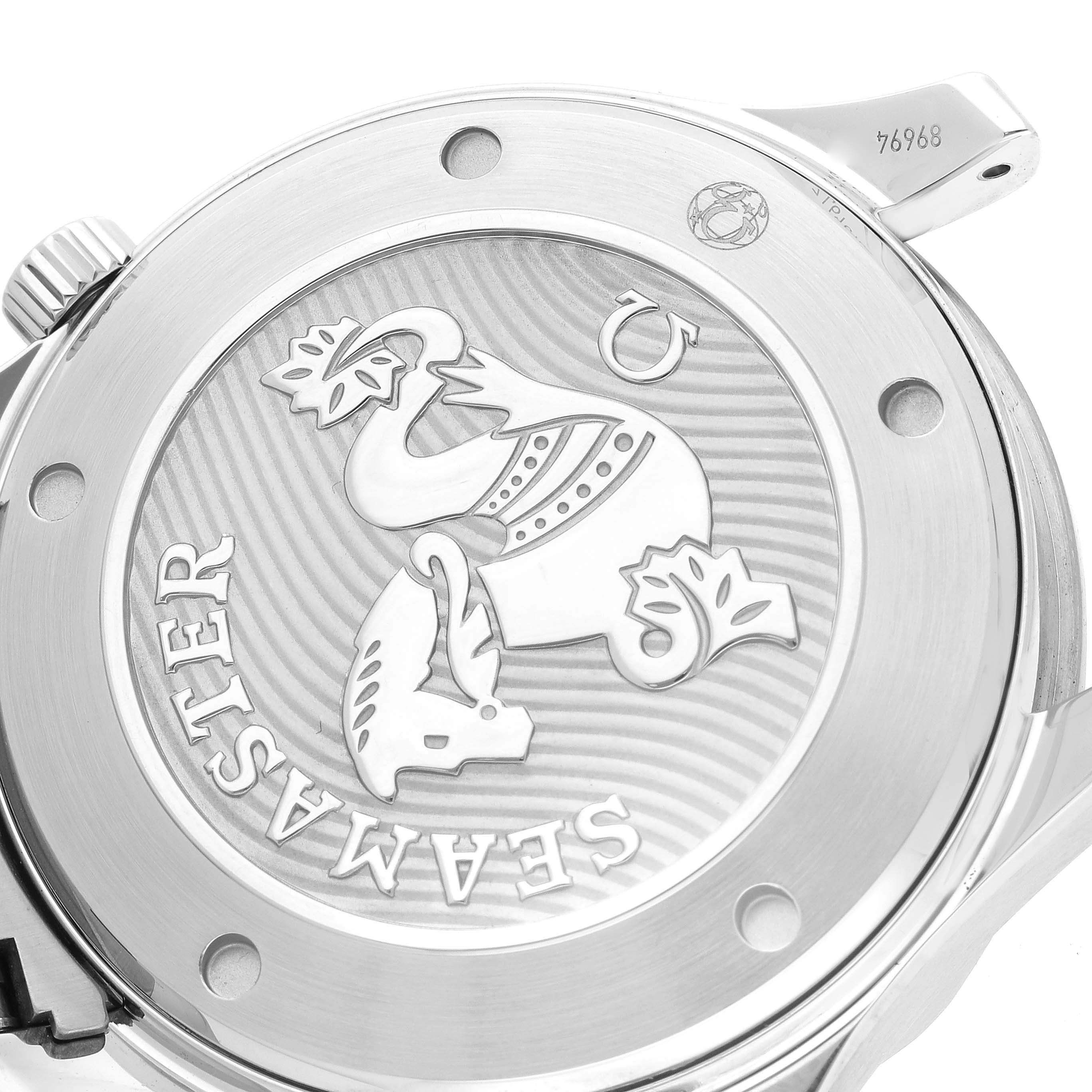 This image shows the back case of an Omega Seamaster 212.30.41.20.01.003 Men
s Stainless Steel Black Dial 212.30.41.20.01.003 Men
s Stainless Steel Black Dial watch, featuring the engraved logo and wave pattern.