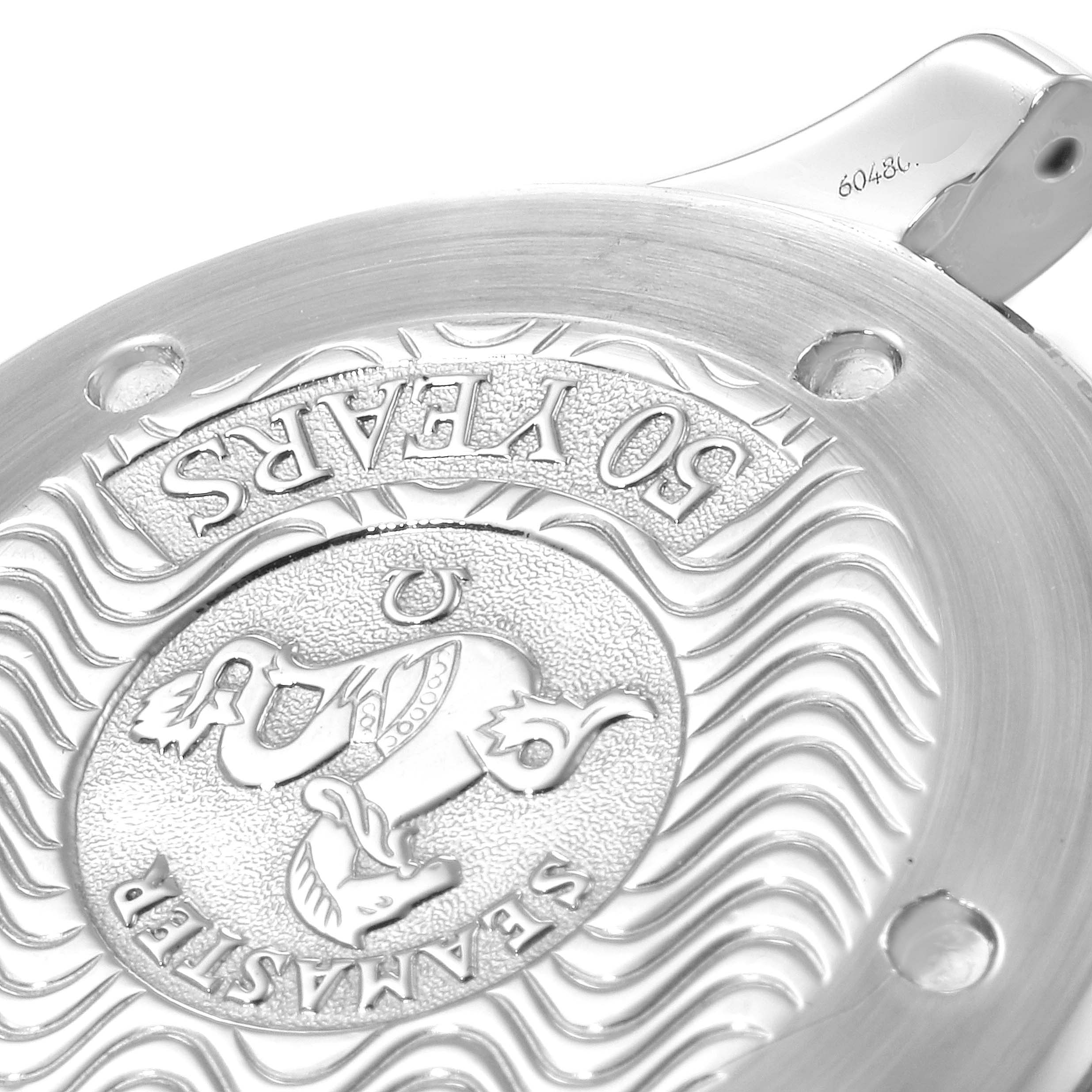 This image shows the case back of an Omega Seamaster 2534.50.00 Men
s Stainless Steel Black Dial 2534.50.00 Men
s Stainless Steel Black Dial watch, highlighting its 50 Years engraving.