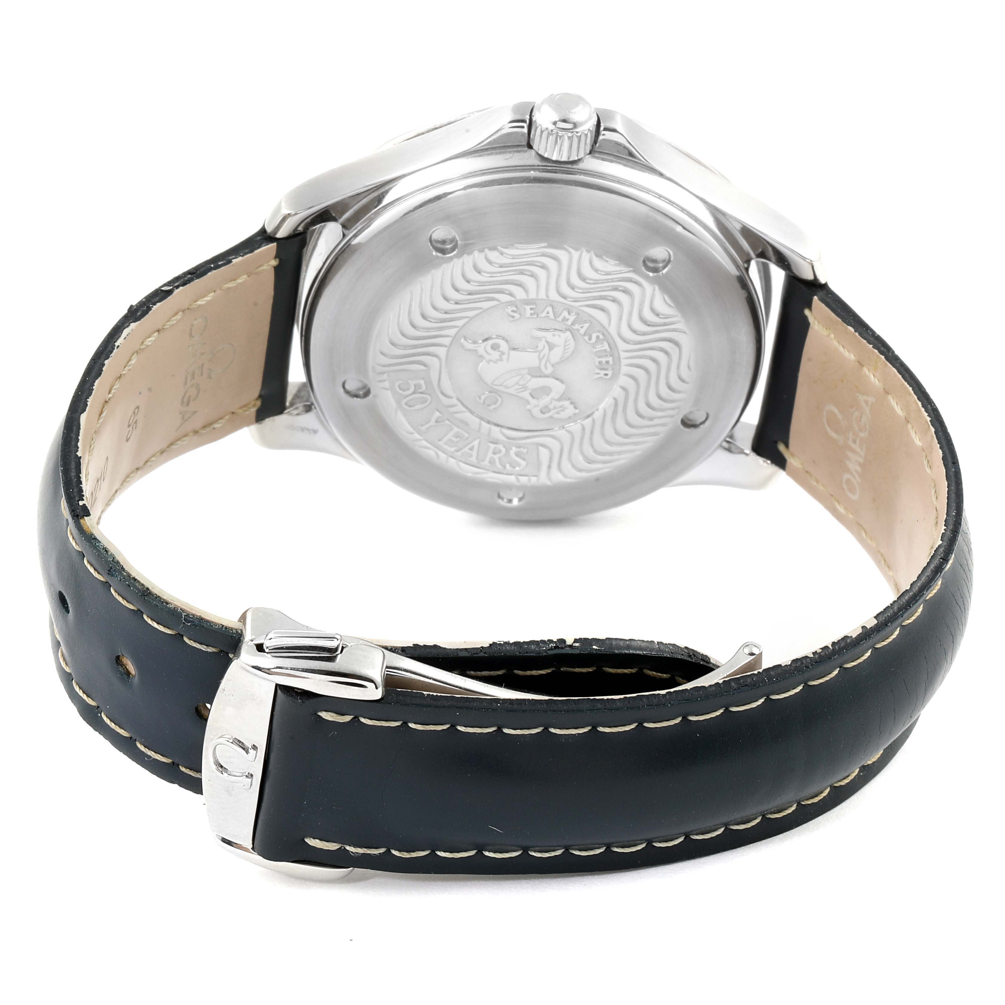 This Omega Seamaster 2534.50.00 Men
s Stainless Steel Black Dial 2534.50.00 Men
s Stainless Steel Black Dial watch is shown from the back, highlighting the case back and part of the leather strap with the clasp.