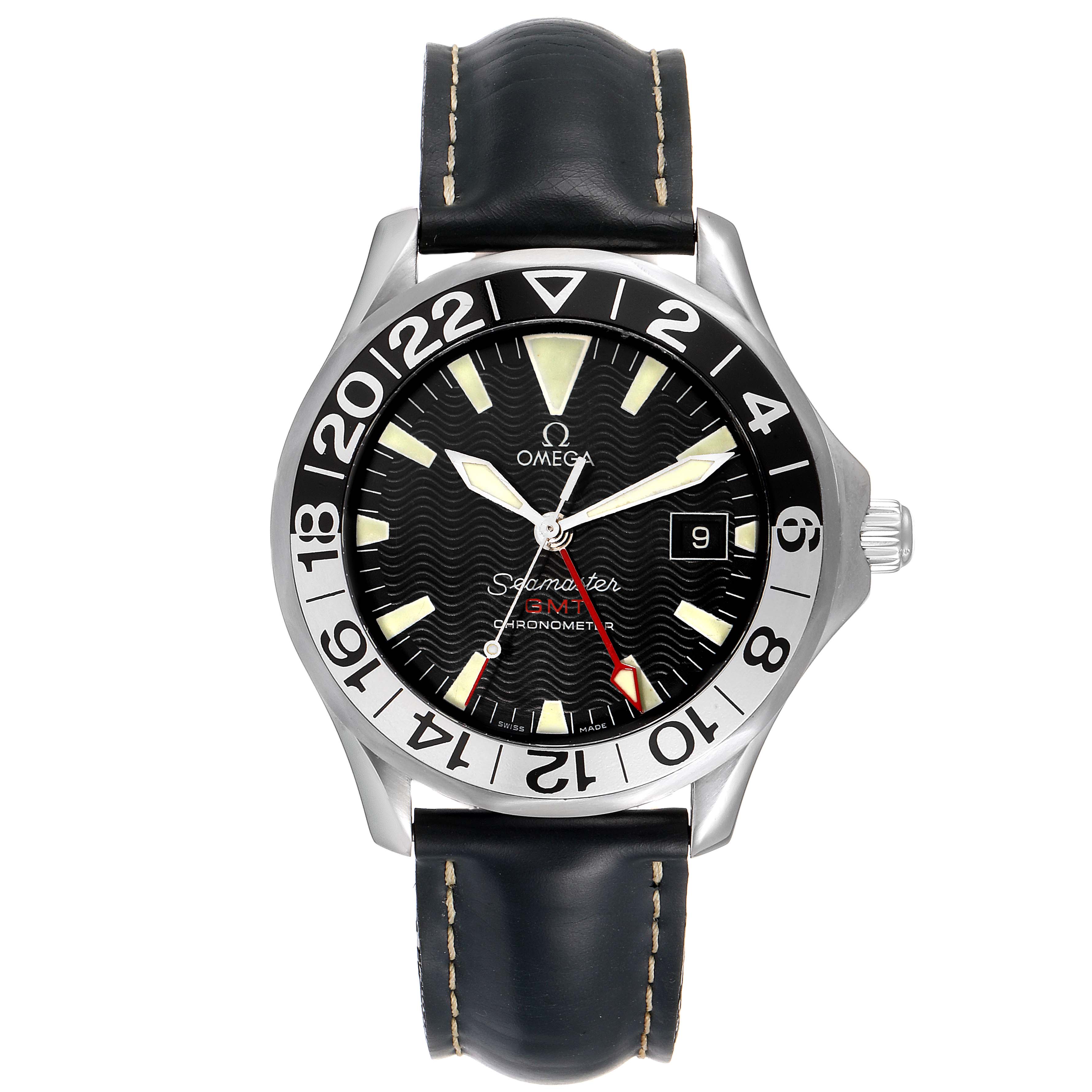 This image shows a full frontal view of the Omega Seamaster 2534.50.00 Men
s Stainless Steel Black Dial 2534.50.00 Men
s Stainless Steel Black Dial model watch, highlighting its dial, bezel, and leather strap.